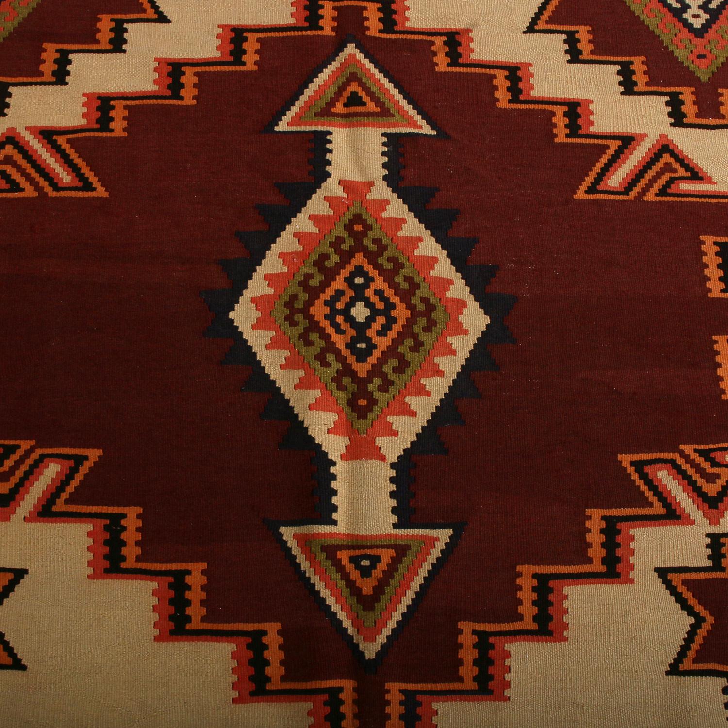 Hand-Woven Vintage Geometric Beige Brown & Red Wool Persian Azerbaijan Kilim by Rug & Kilim For Sale