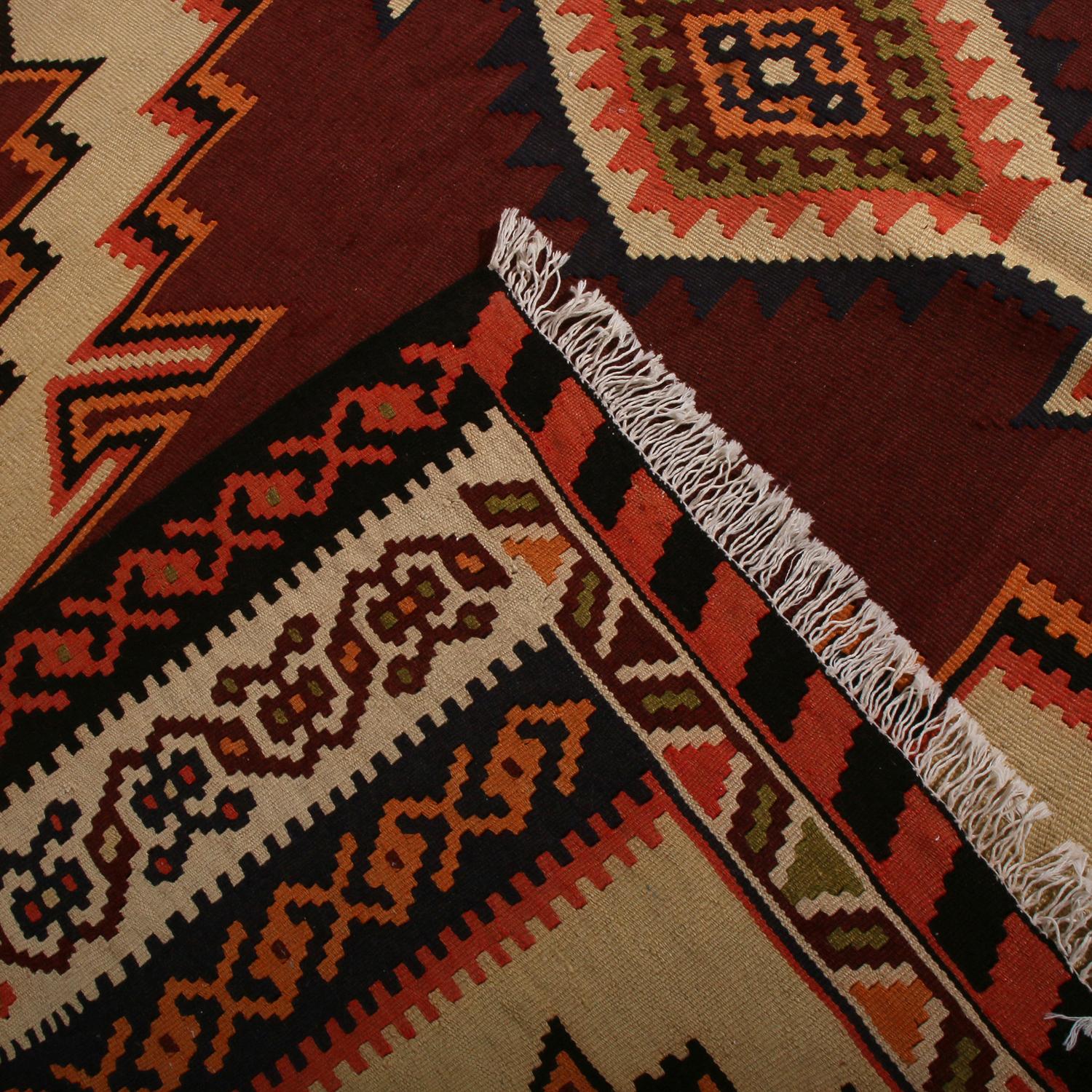 Mid-20th Century Vintage Geometric Beige Brown & Red Wool Persian Azerbaijan Kilim by Rug & Kilim For Sale