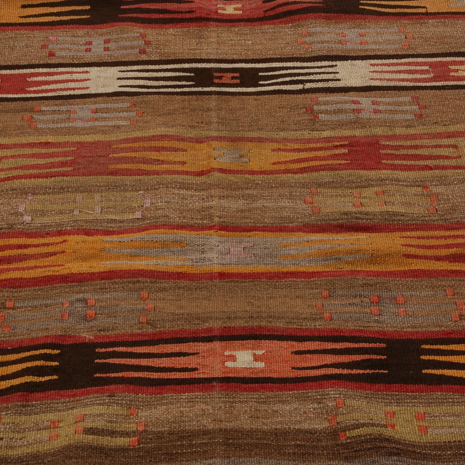 Turkish Vintage Geometric Beige-Brown Wool Kilim Rug Multi-Color Accent by Rug & Kilim For Sale