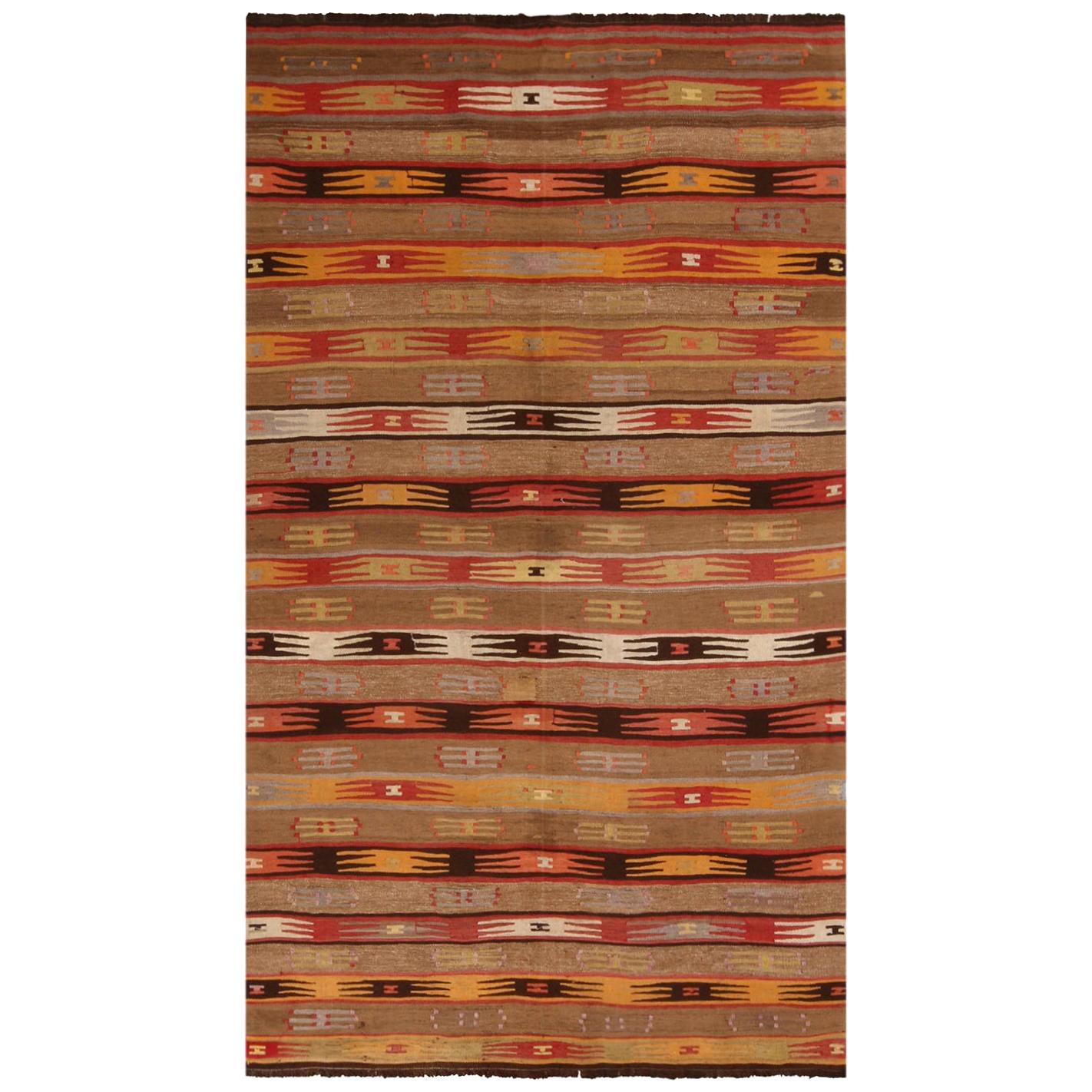 Vintage Geometric Beige-Brown and Yellow Wool Kilim Rug with Multi-Color Accents