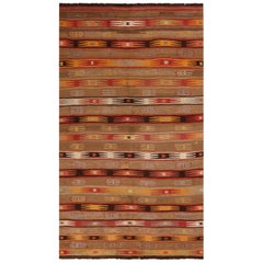 Vintage Geometric Beige-Brown and Yellow Wool Kilim Rug with Multi-Color Accents