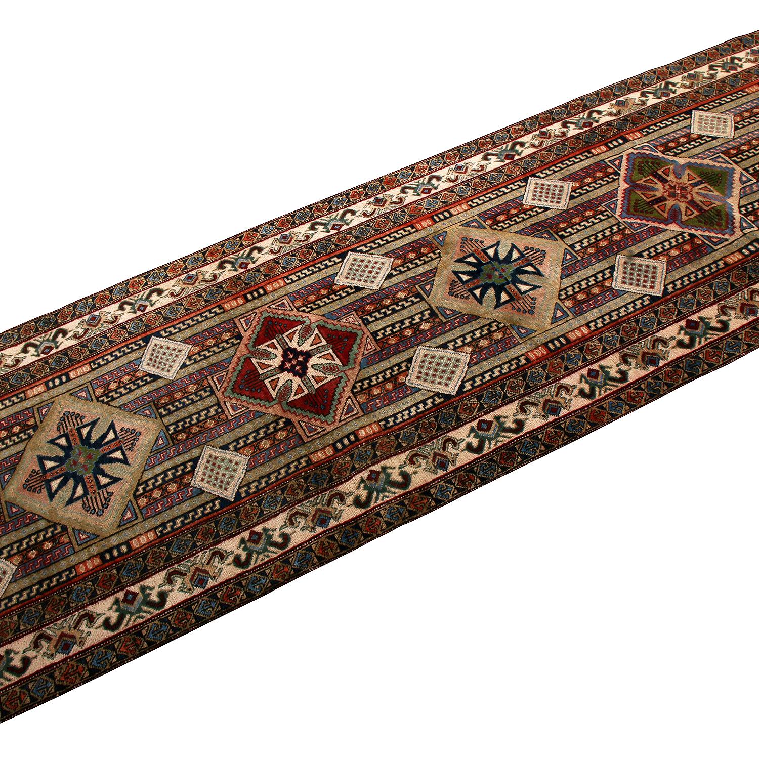 Hand-Knotted Vintage Beige Green and Red Azerbaijan Wool Persian Pile Runner by Rug & Kilim For Sale
