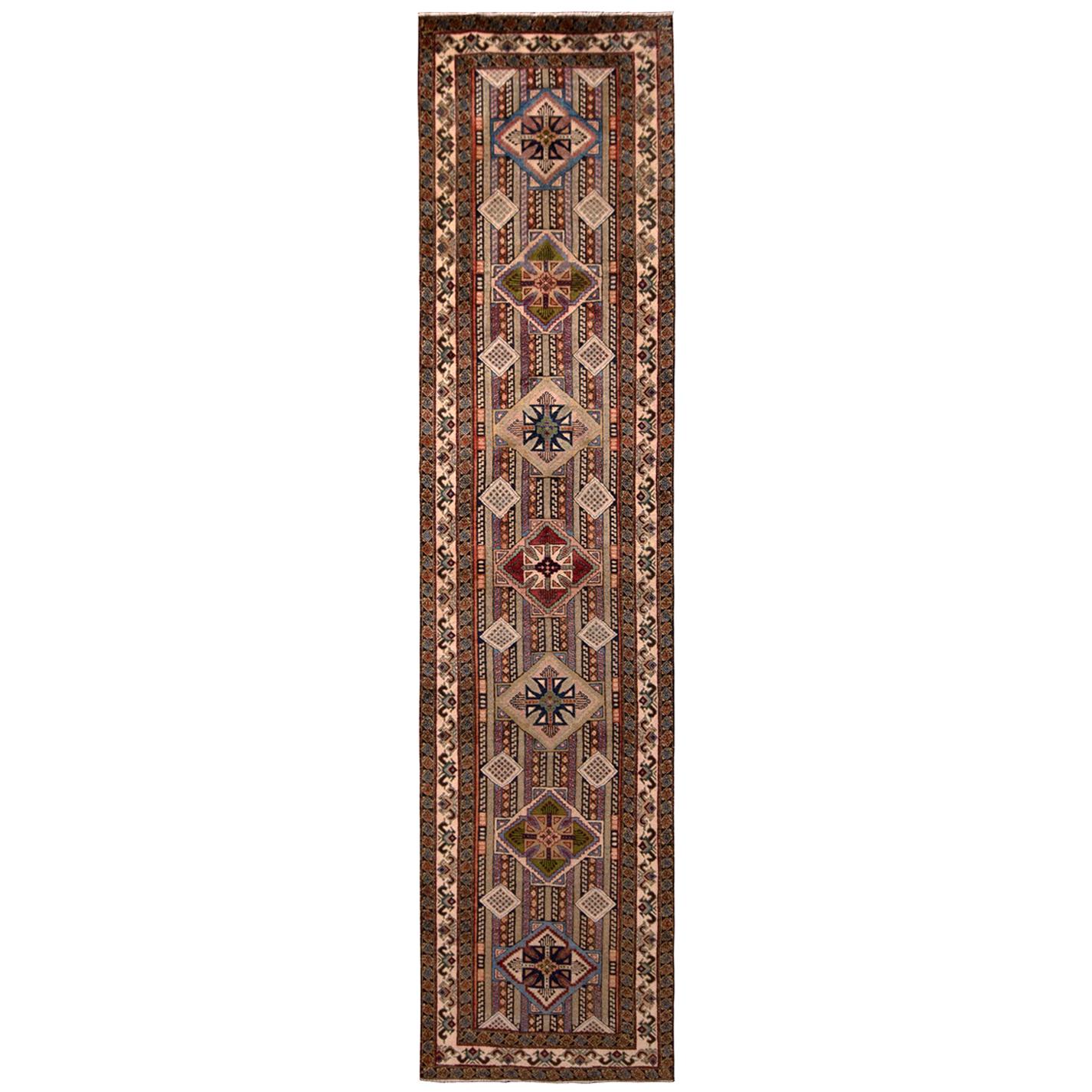 Vintage Beige Green and Red Azerbaijan Wool Persian Pile Runner by Rug & Kilim