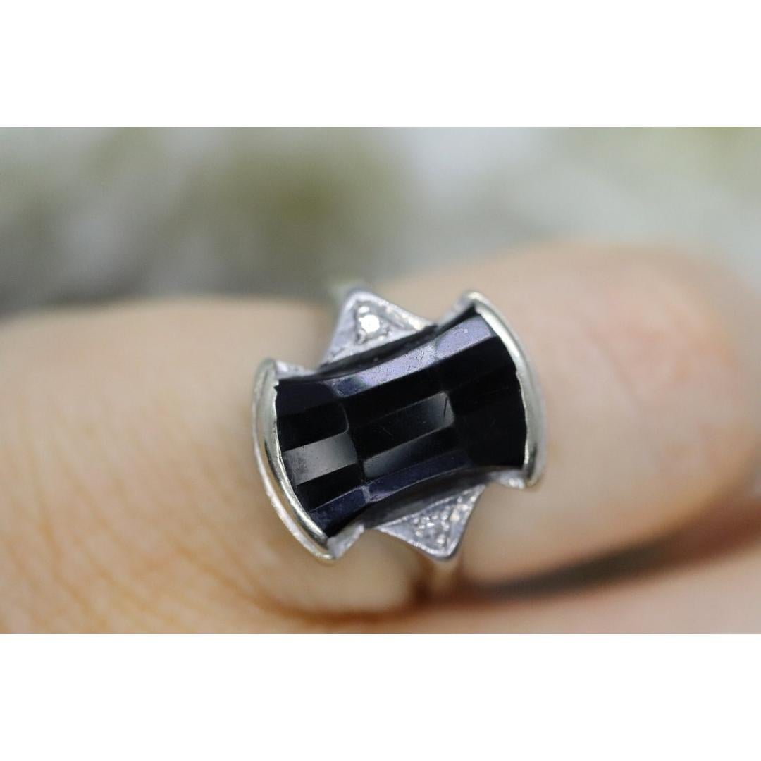 Anello geometrico d'epoca in onice nera e oro 14k con diamanti. Sz 3.5 in vendita 7