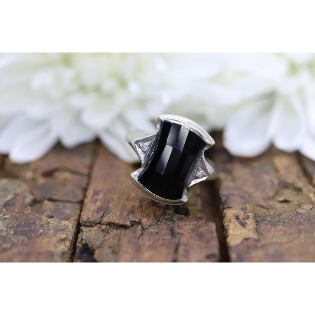 Anello geometrico d'epoca in onice nera e oro 14k con diamanti. Sz 3.5 In condizioni buone in vendita a Port Charlotte, FL
