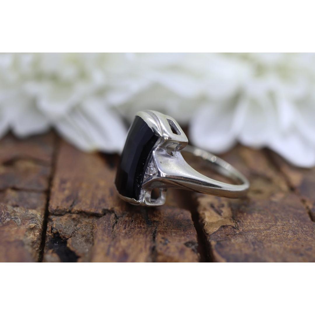 Anello geometrico d'epoca in onice nera e oro 14k con diamanti. Sz 3.5 in vendita 2
