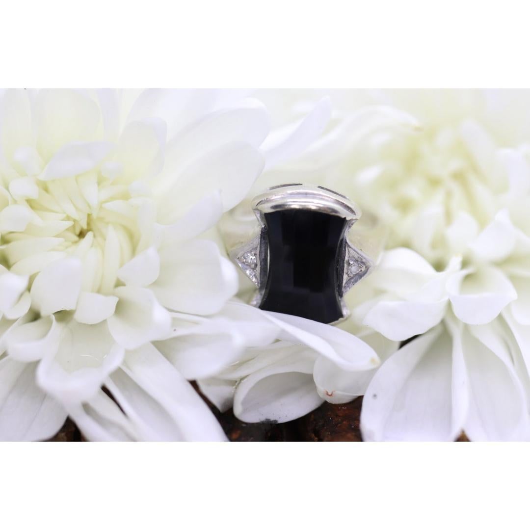 Anello geometrico d'epoca in onice nera e oro 14k con diamanti. Sz 3.5 in vendita 3