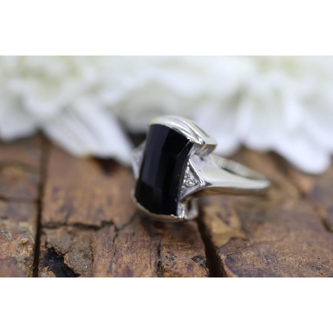 Anello geometrico d'epoca in onice nera e oro 14k con diamanti. Sz 3.5 in vendita 4