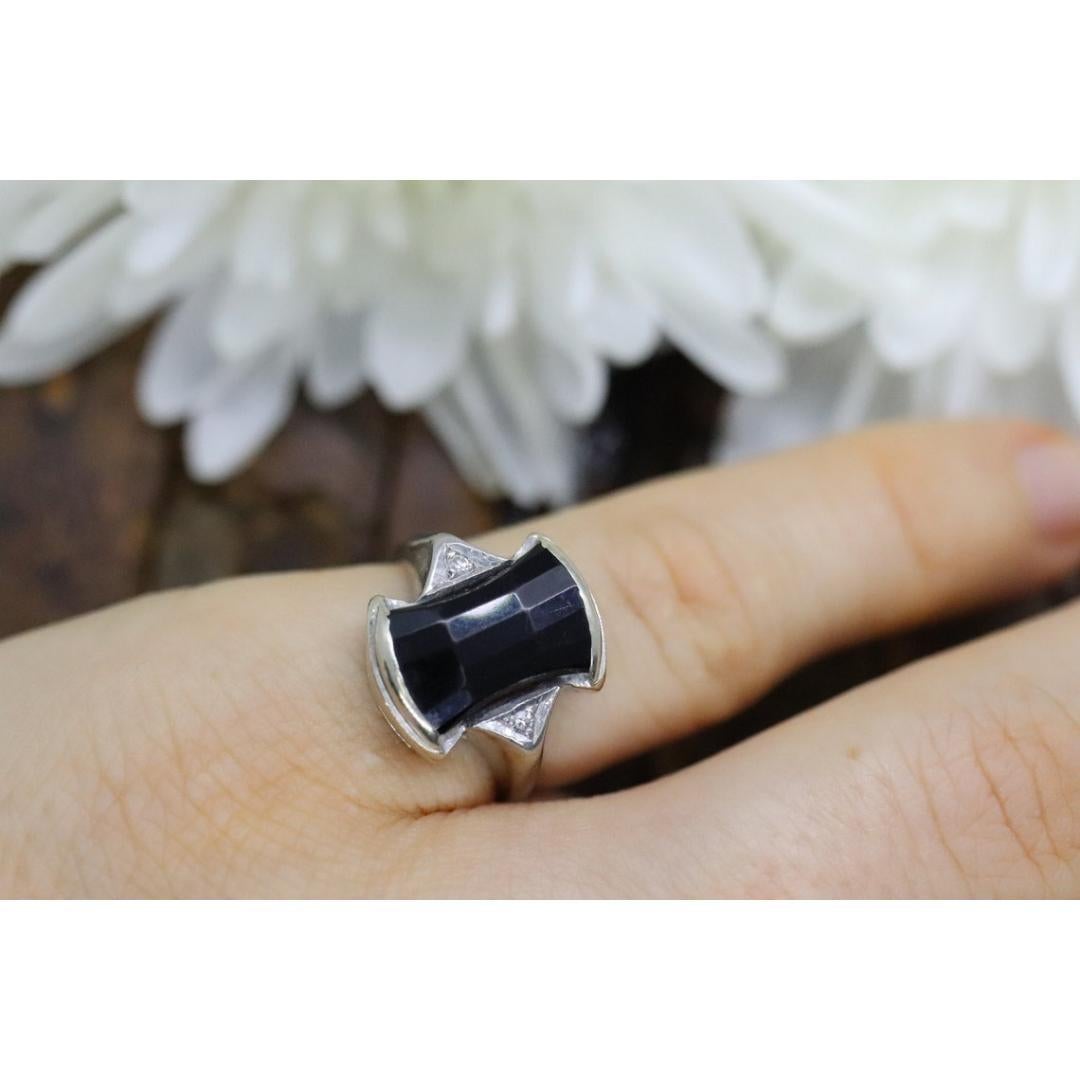 Anello geometrico d'epoca in onice nera e oro 14k con diamanti. Sz 3.5 in vendita 5