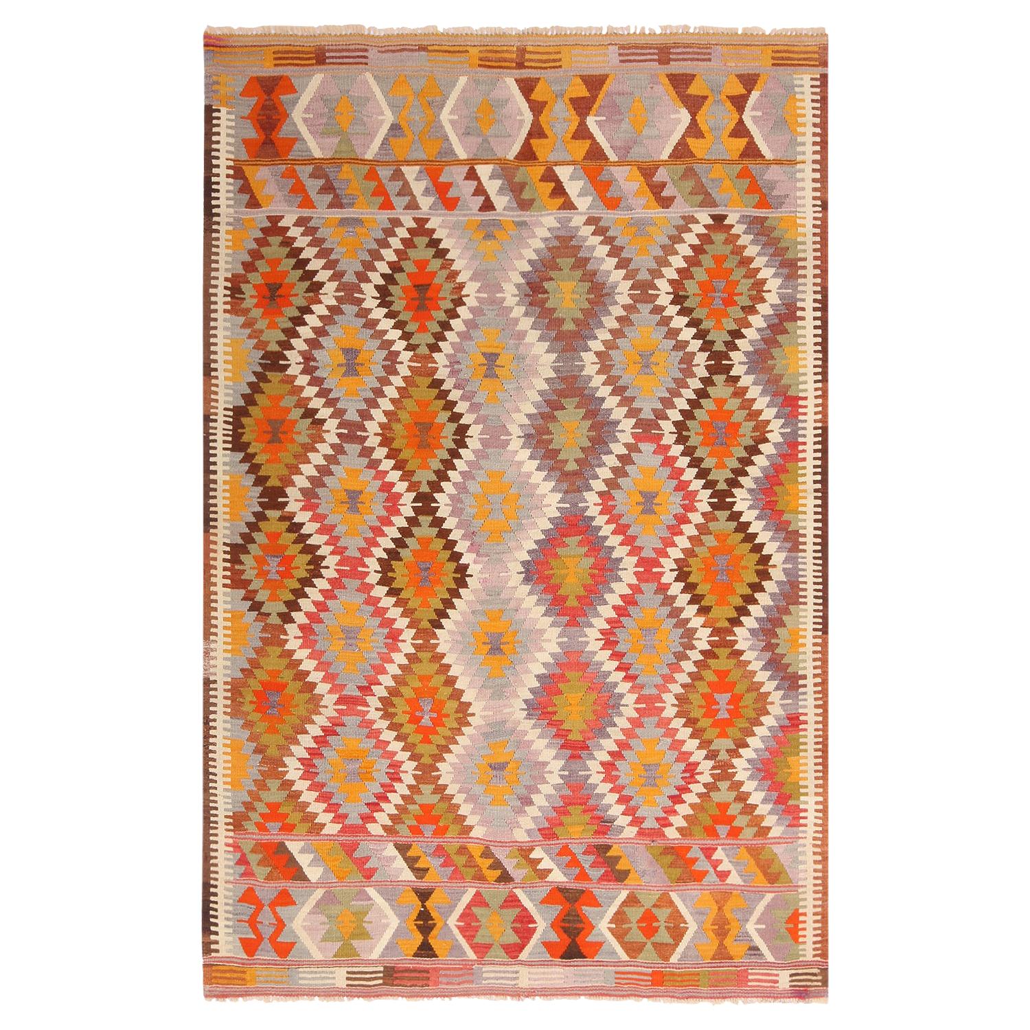 Vintage Geometric Blue and Green Wool Kilim Rug with MultiColor