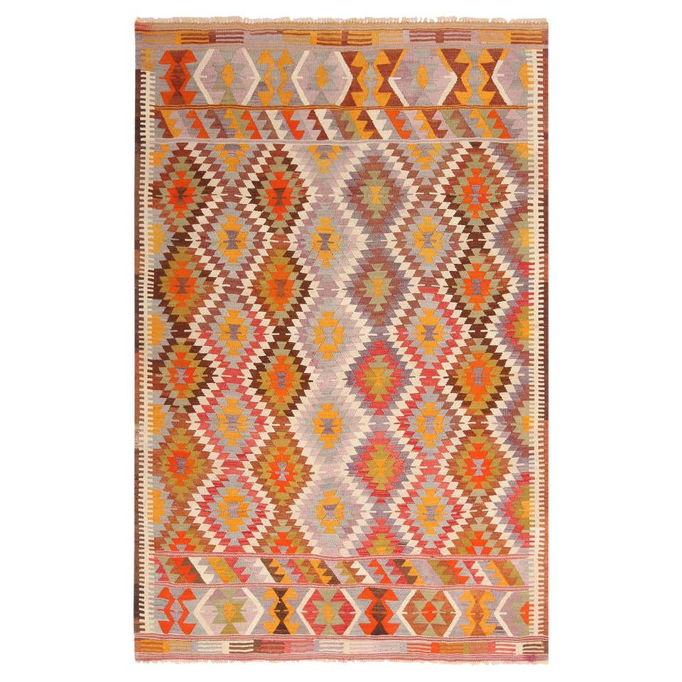 Blue Multi Color Vintage Geometric Blue and Green Wool Kilim Rug with Multi-Color ...