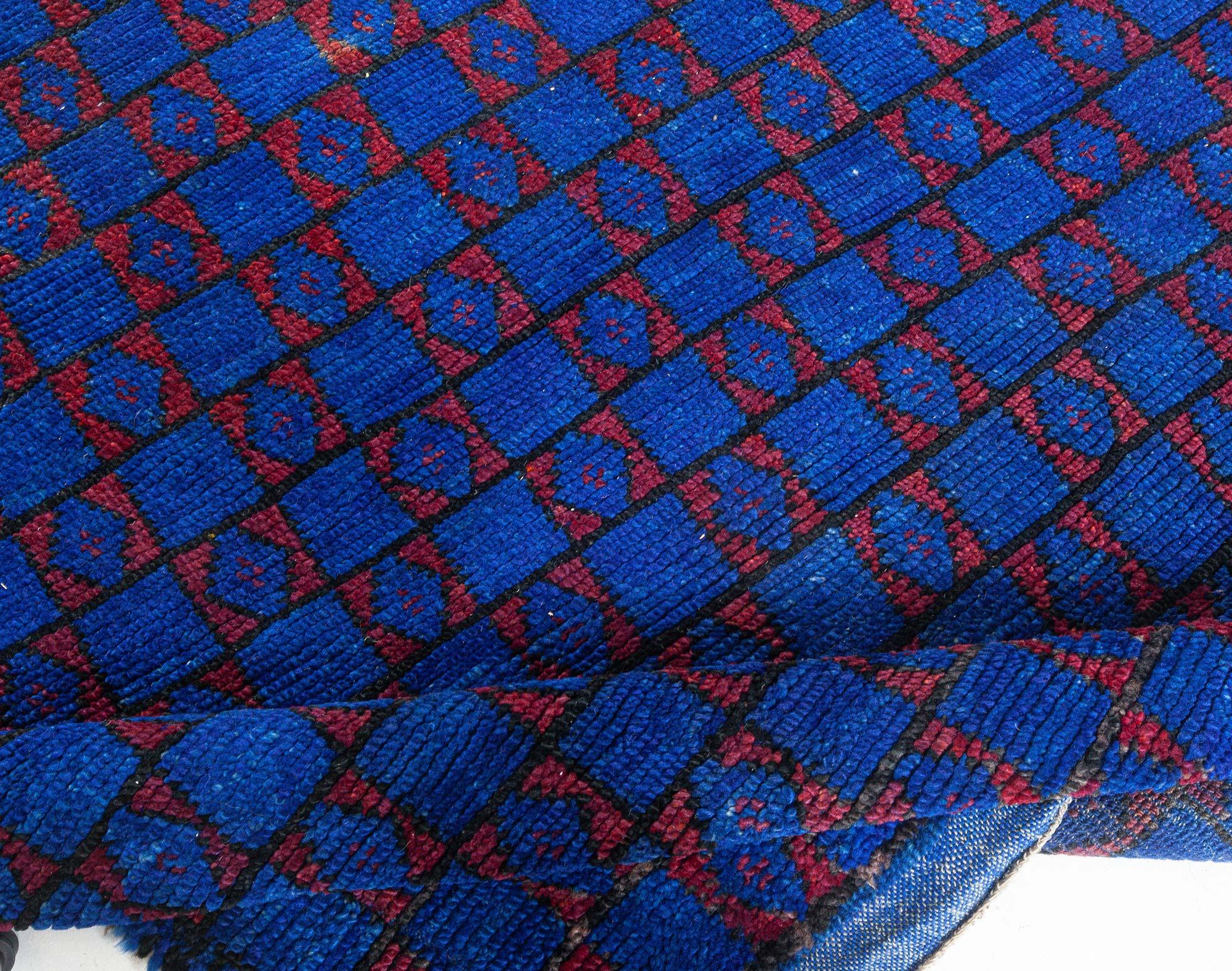 Vintage Geometric Blue Red Moroccan Rug In Good Condition In New York, NY