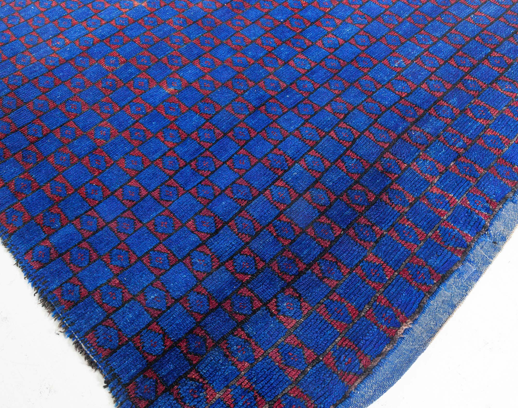 Wool Vintage Geometric Blue Red Moroccan Rug