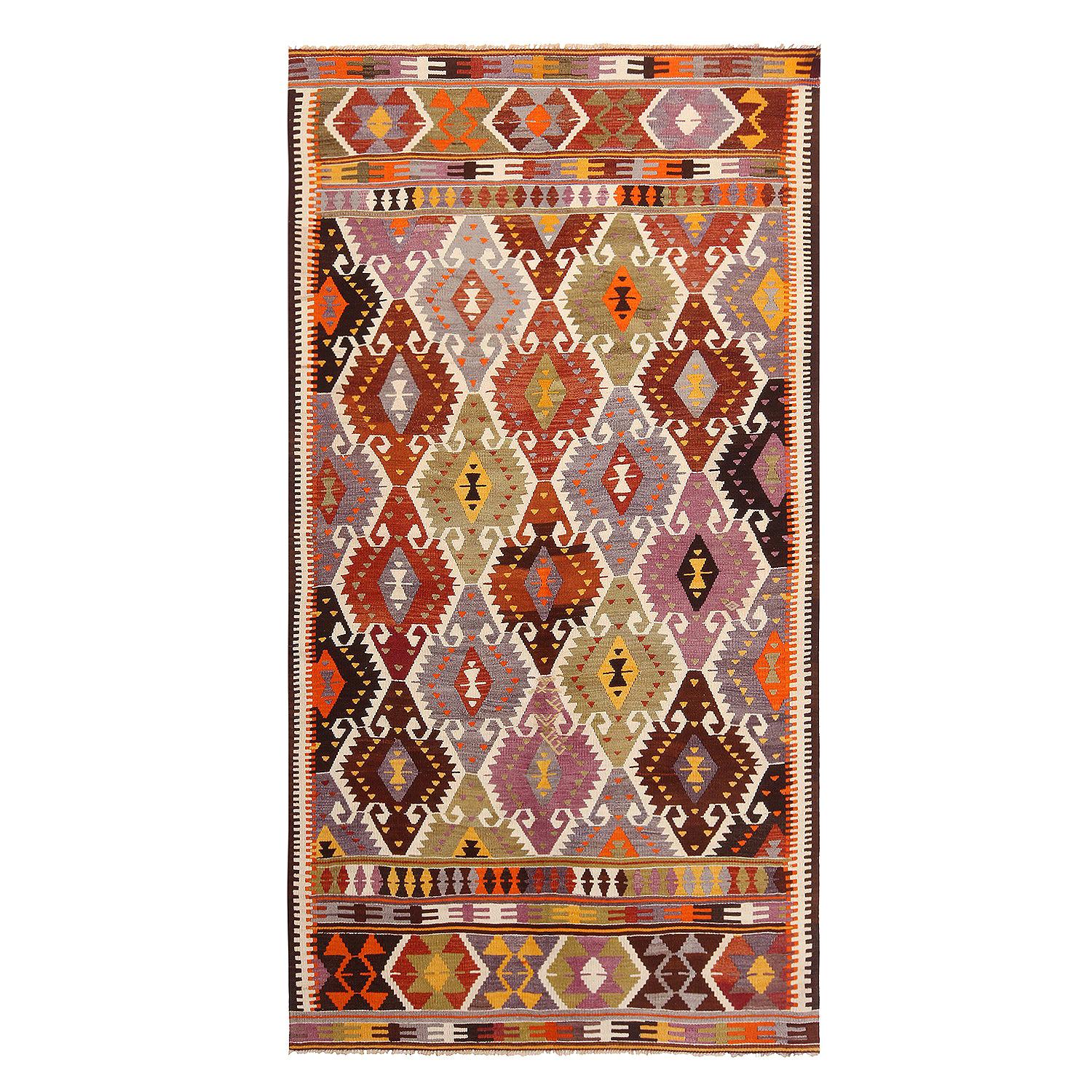 Vintage Geometric Blue Wool Kilim Rug with Multi-Color Accents by Rug & Kilim