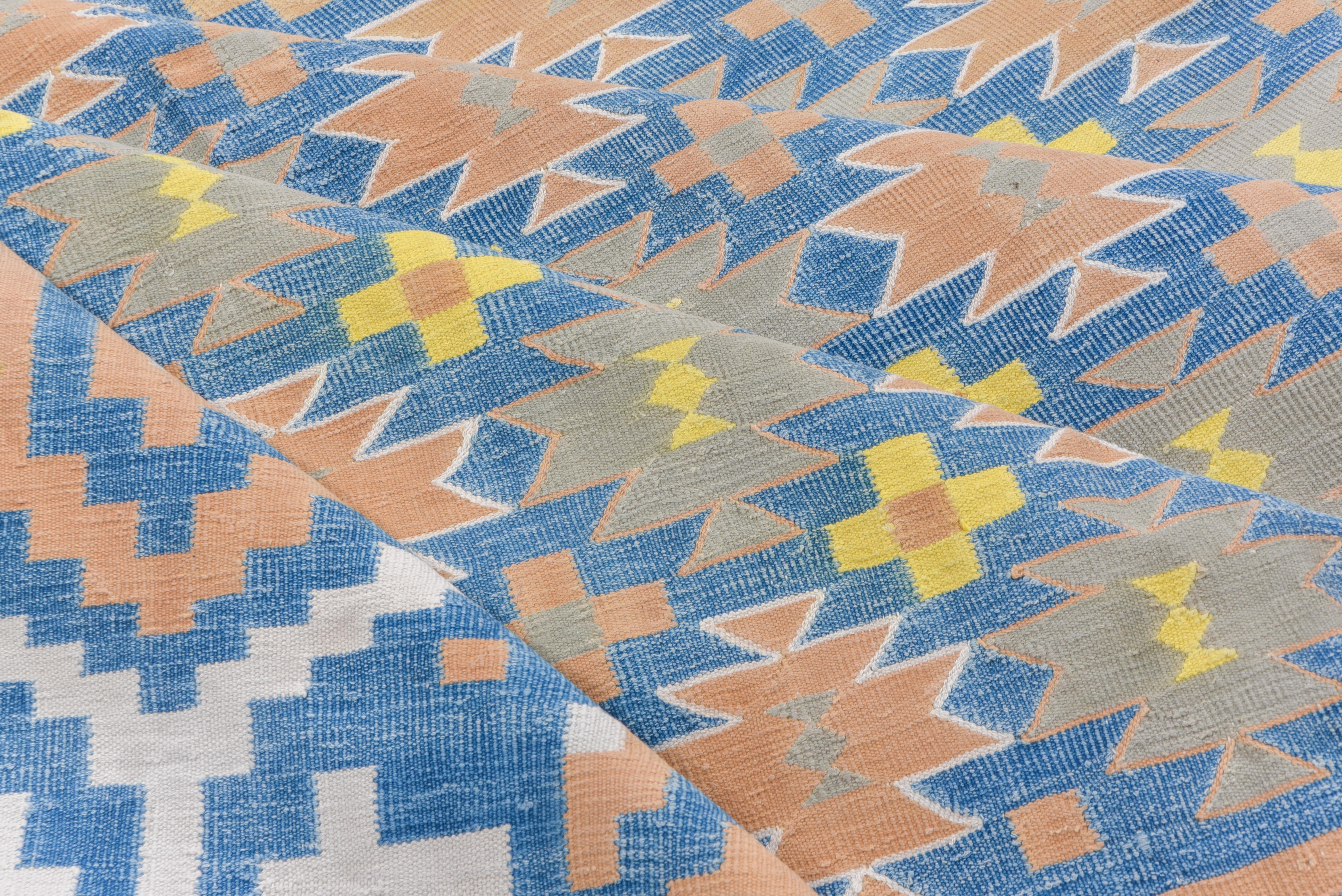 Indian Vintage Geometric Cotton Dhurrie Rug, Blue, Orange & Yellow Tones, Circa 1960s