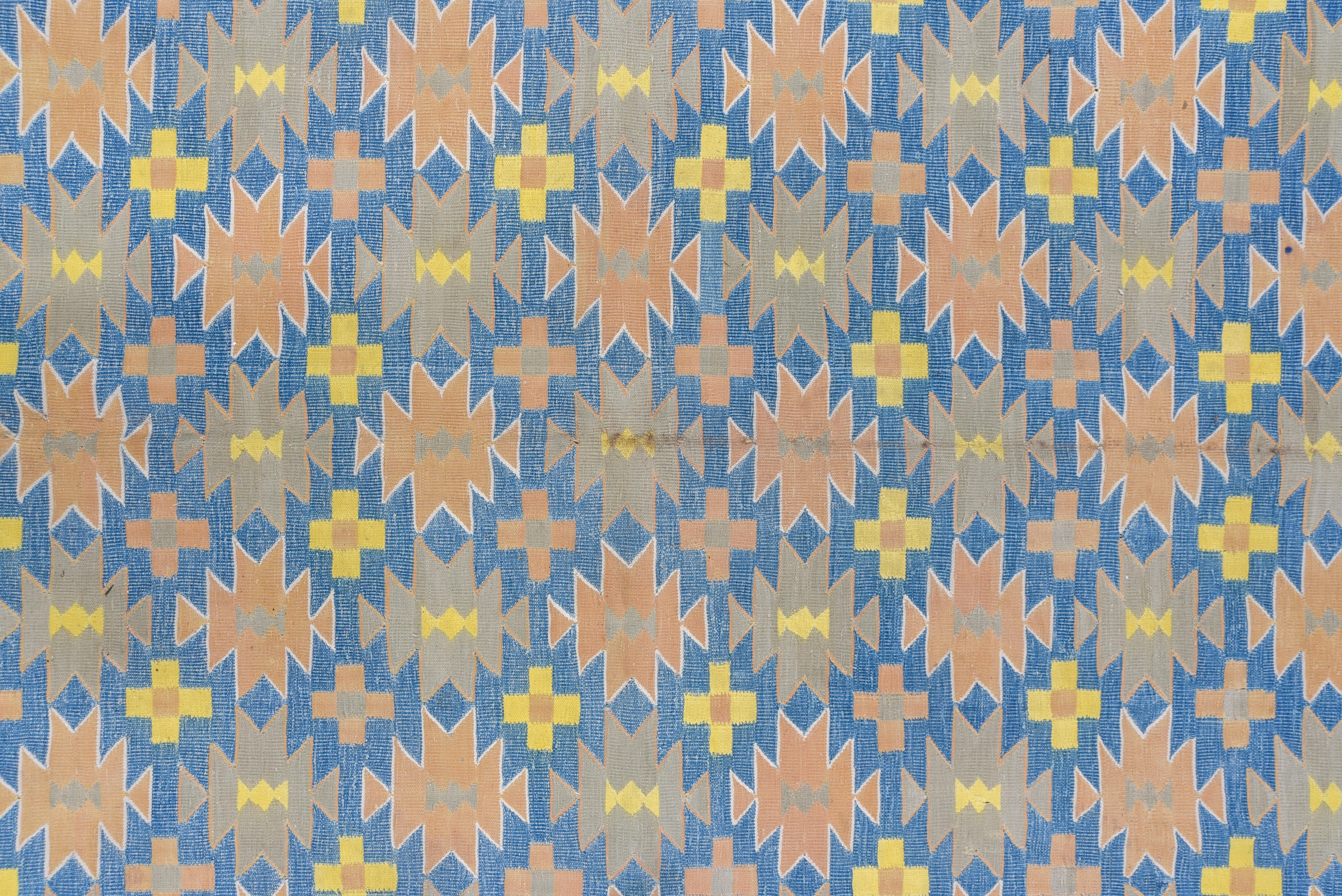 Vintage Geometric Cotton Dhurrie Rug, Blue, Orange & Yellow Tones, Circa 1960s In Good Condition In New York, NY