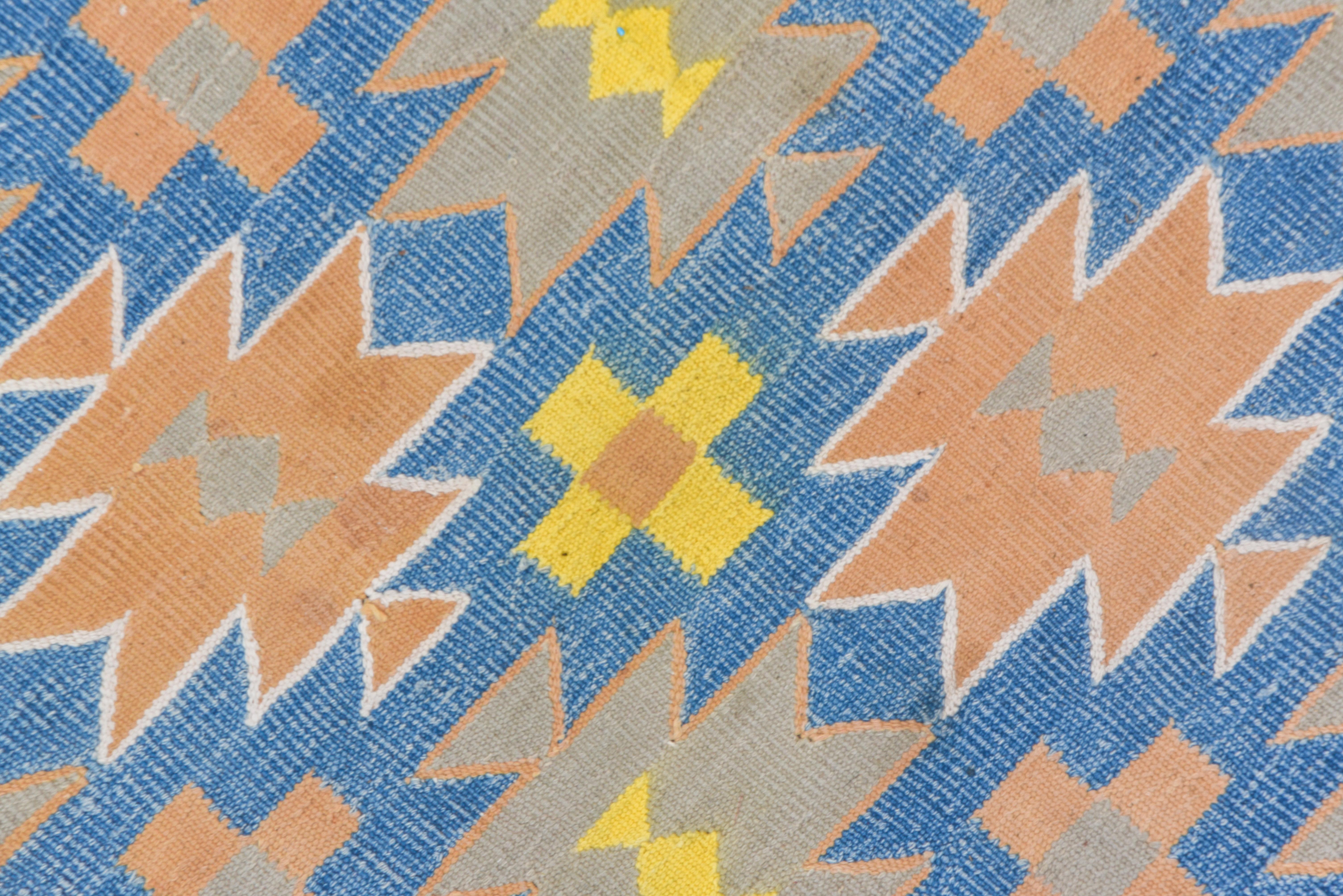 Mid-20th Century Vintage Geometric Cotton Dhurrie Rug, Blue, Orange & Yellow Tones, Circa 1960s