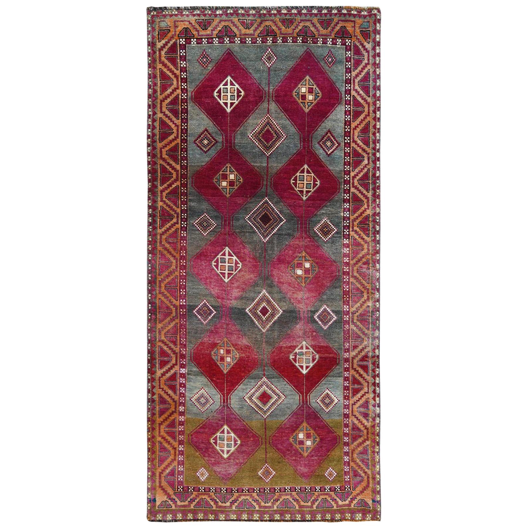 Vintage Geometric Design Persian Qashqai Sheared Low Wide Runner Handmade Rug