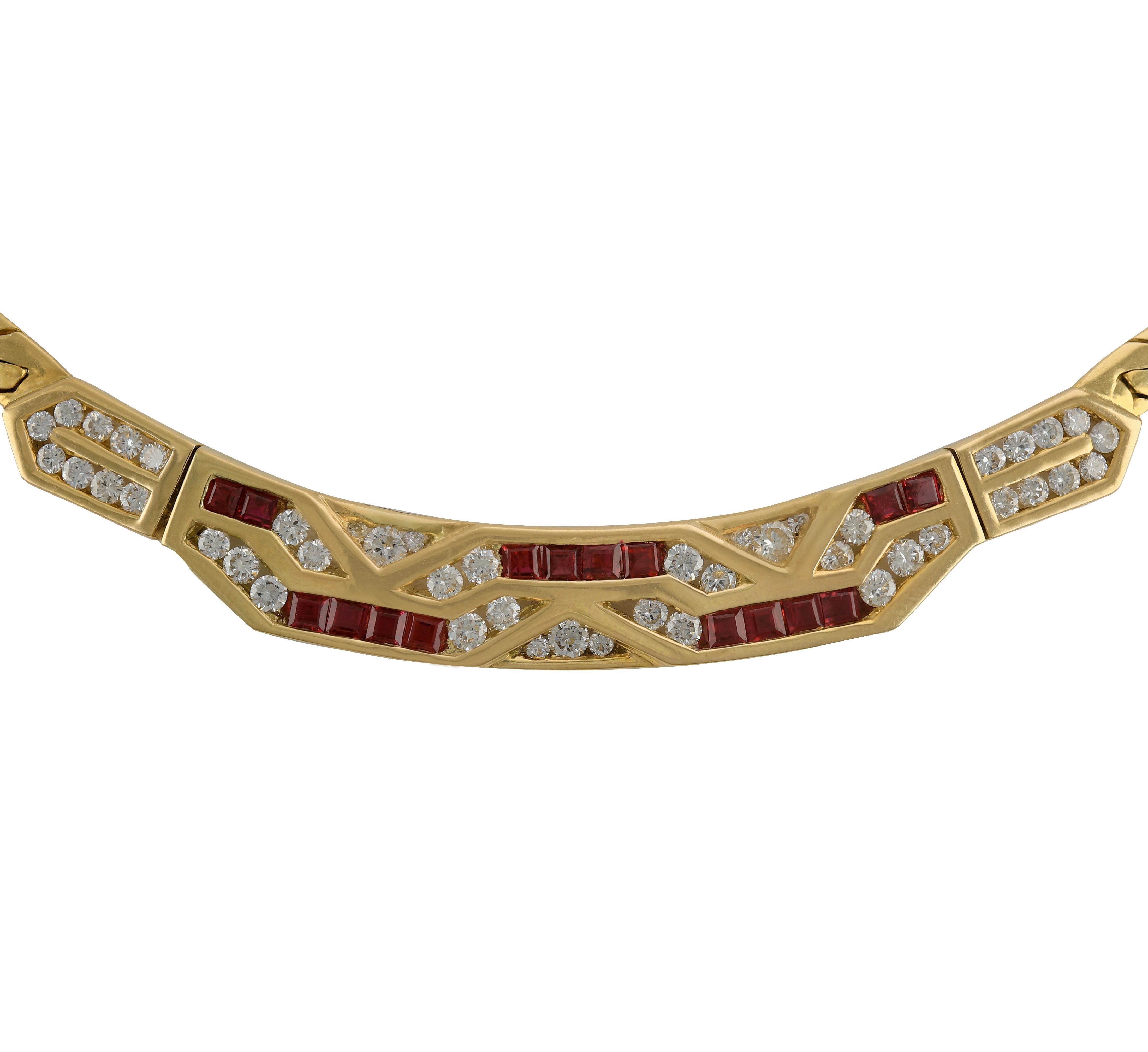 Vintage Geometric Diamond and Ruby 14k Gold Necklace
Special necklace is antique and yet brand new. This piece is old stock from a jeweler who was a wholesaler and importer of fine high-end jewelry. The business along with all the jewelry were