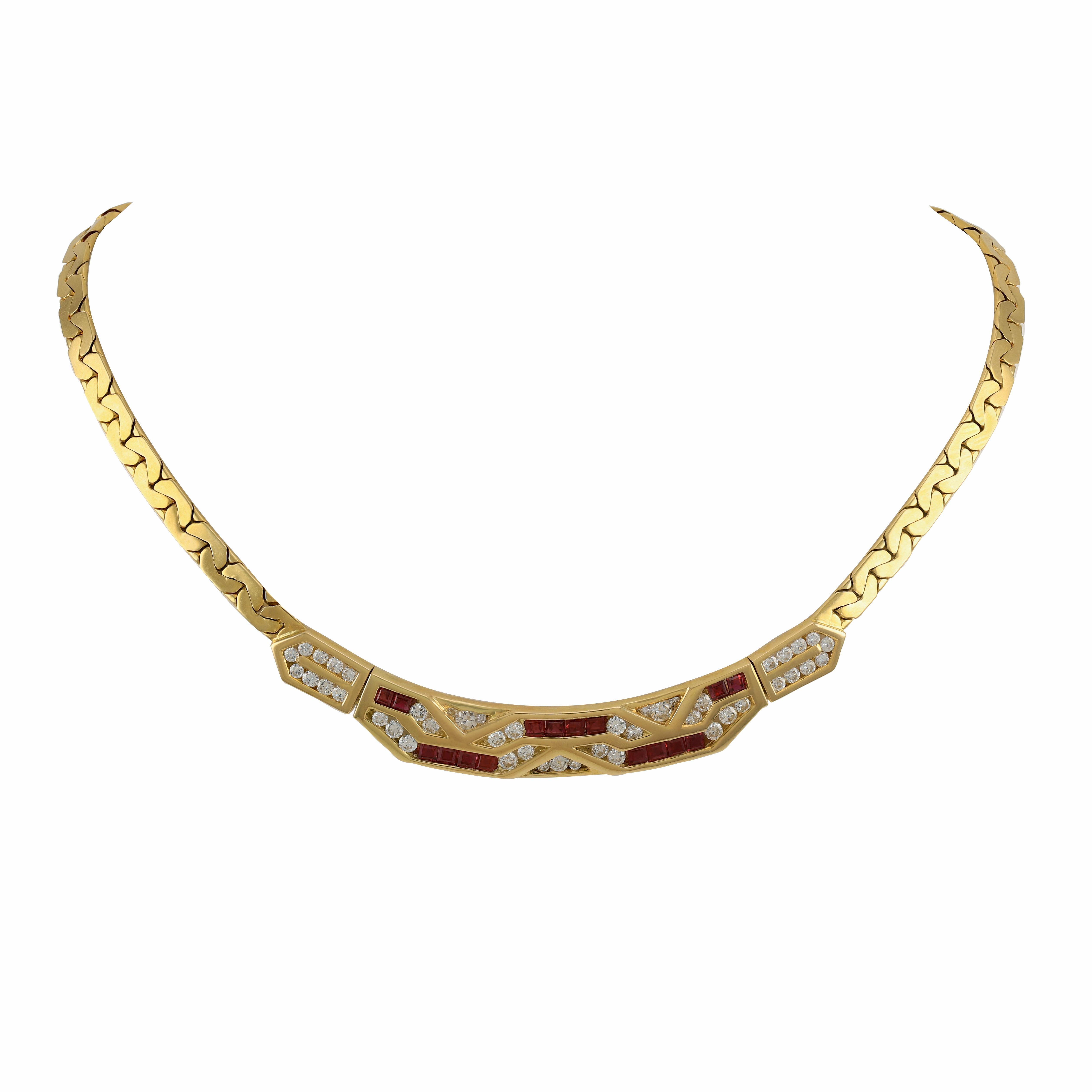 Round Cut Vintage Geometric Diamond and Ruby 14 Karat Gold Necklace For Sale