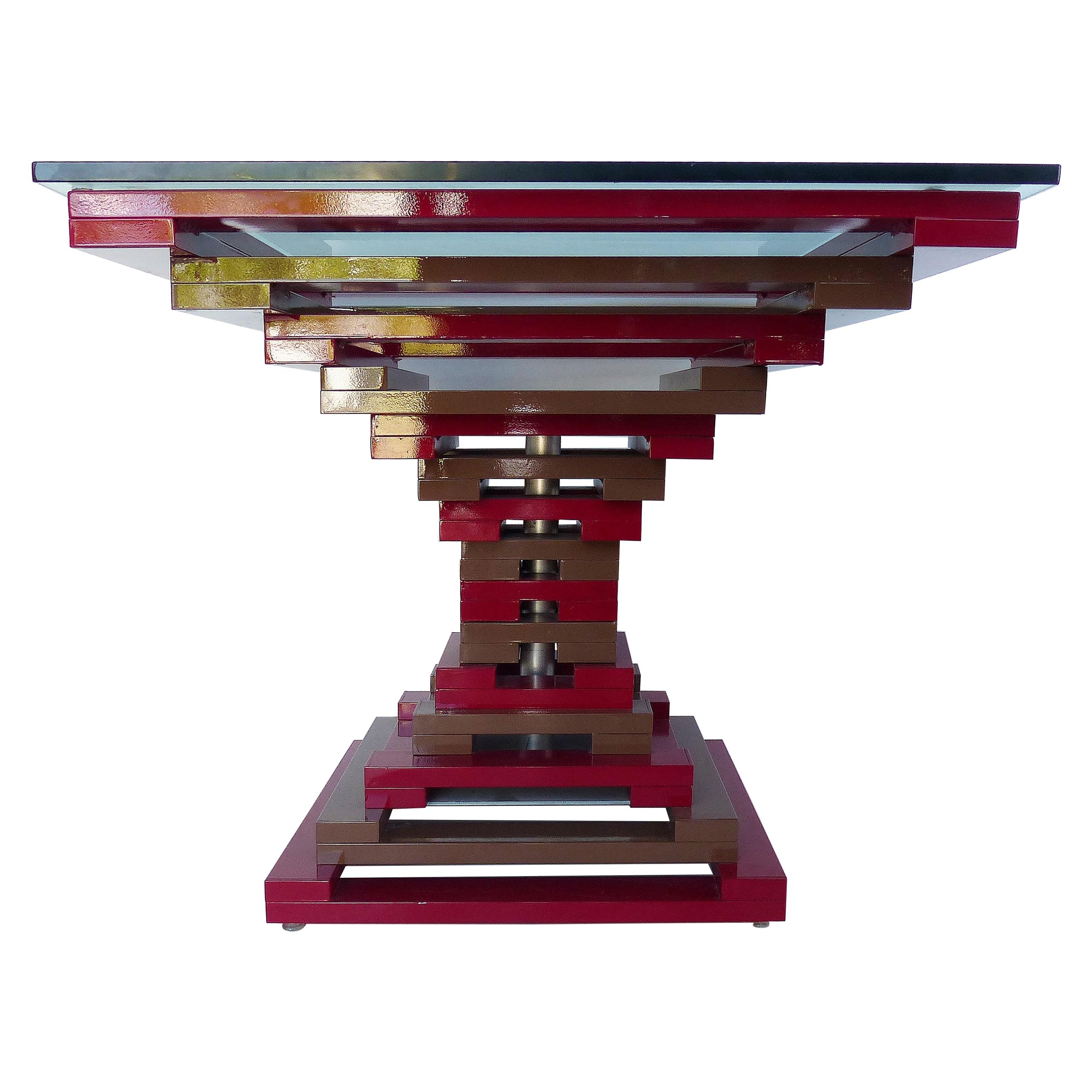 Table centrale géométrique vintage en métal émaillé avec plateau en verre