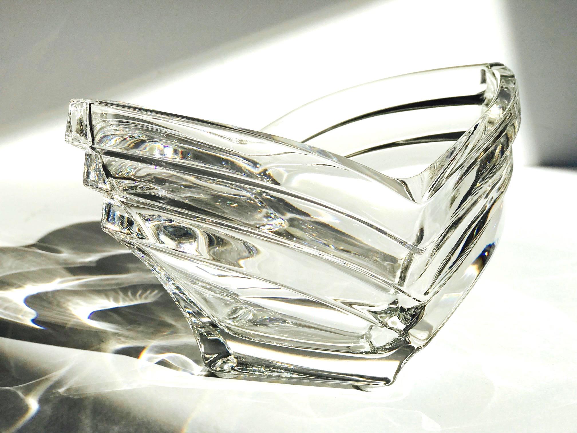 Blown Glass Crystal Vide-Poche Dish with Geometric Fluted Glass, France, 1970s For Sale