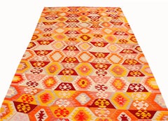 Geometric Gold-Yellow and Blue Wool Kilim Rug with Orange Accent by Rug & Kilim