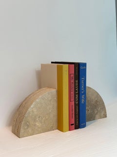 Vintage Geometric Half-Circle Travertine Stone Bookends - a Pair
