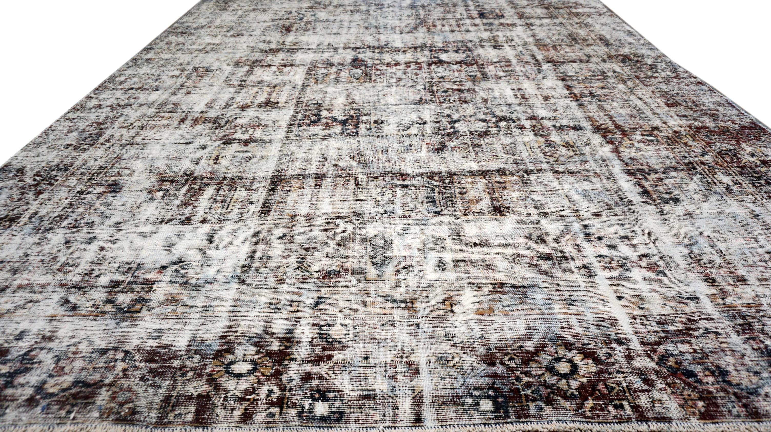 Alfombra de lana envejecida roja marfil geométrica vintage 9'8''x12' Persa en venta