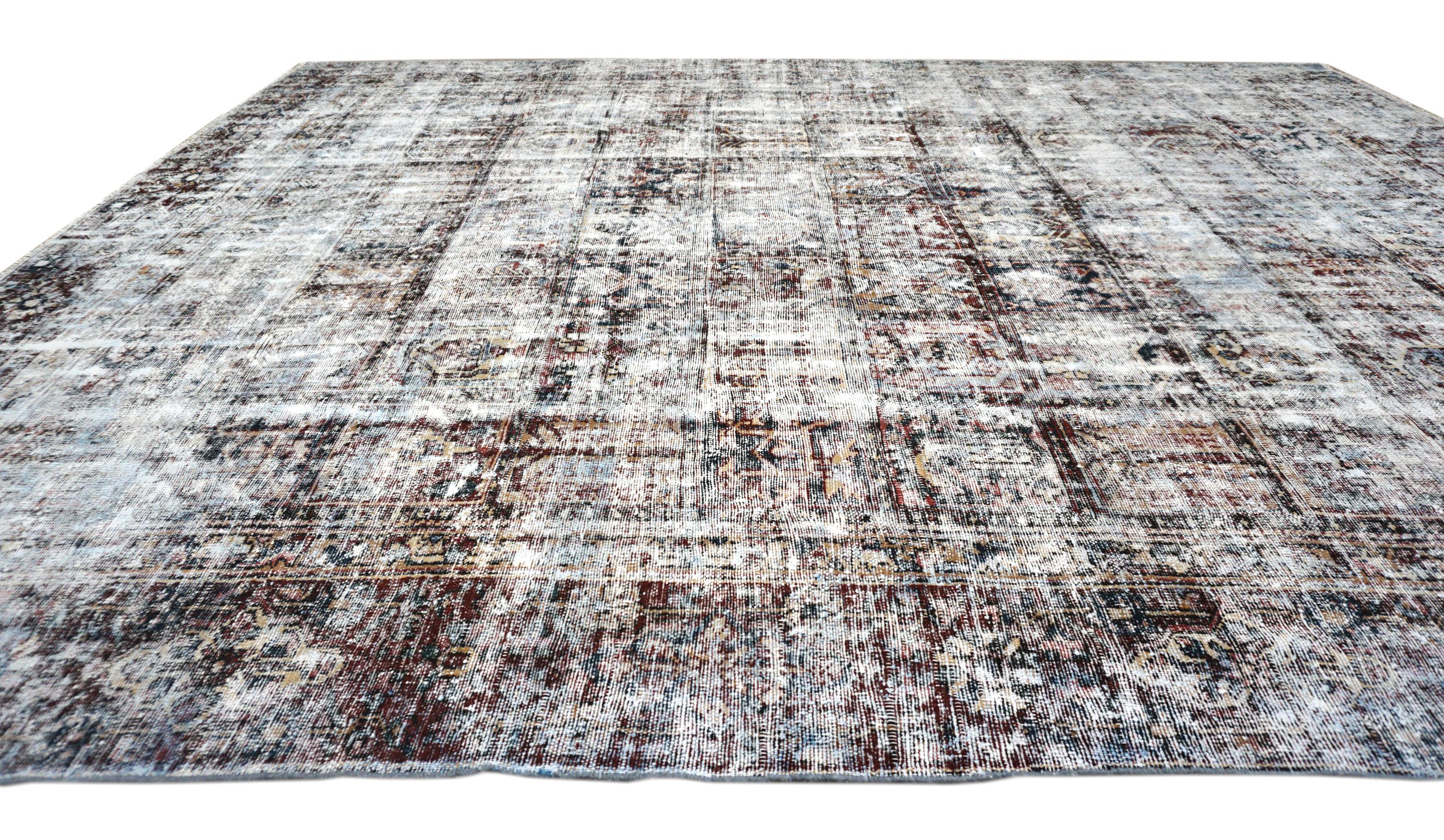 Alfombra de lana envejecida roja marfil geométrica vintage 9'8''x12' siglo XX en venta