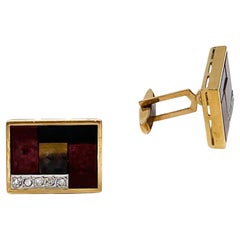 Vintage Geometric Jasper, Black Onyx and Tiger Eye Hinged Cuff Links in 18K Gold