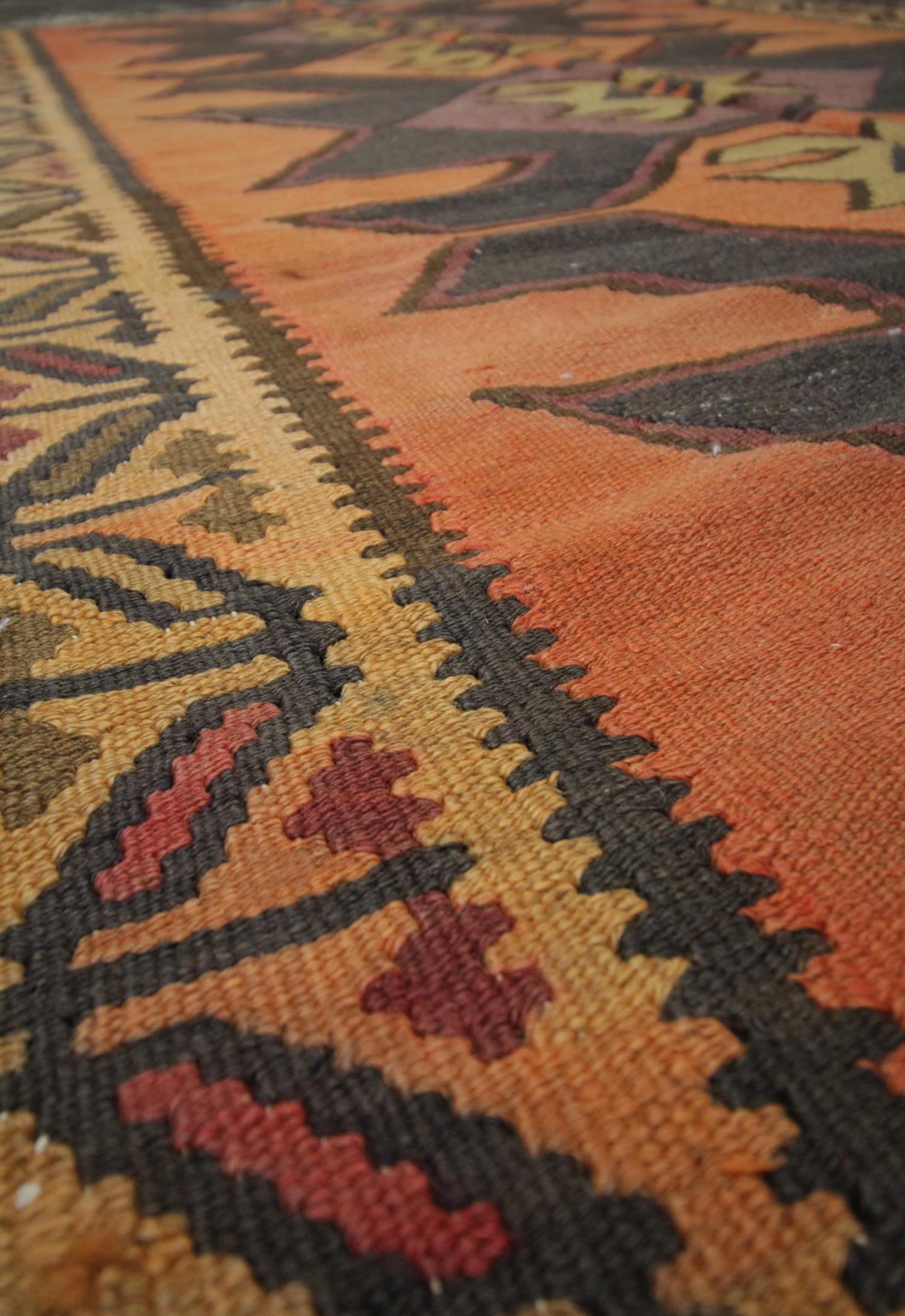 Hand-Knotted Vintage Geometric Kilim Rug Handwoven Tribal Orange Wool Area Rug For Sale