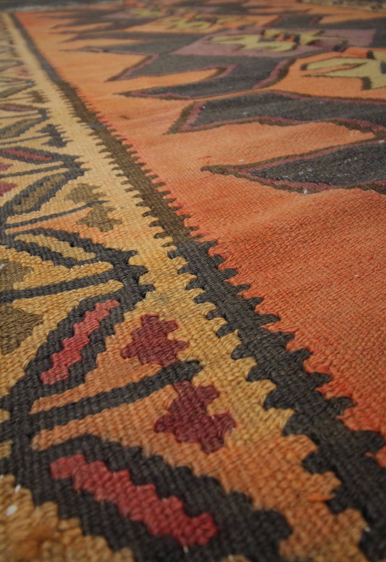 Vegetable Dyed Vintage Geometric Kilim Rug Handwoven Tribal Orange Wool Area Livingroom Rug For Sale