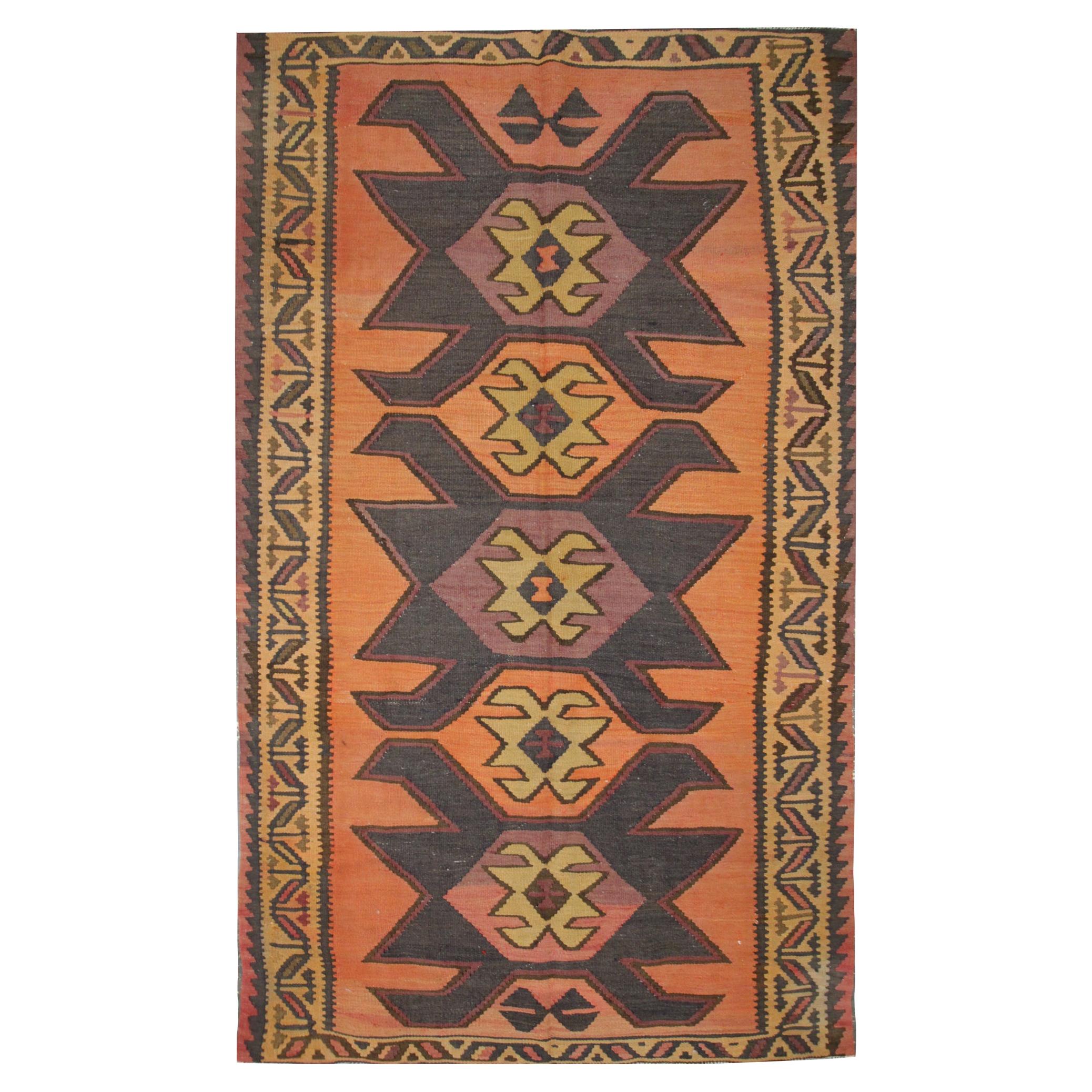 Vintage Geometric Kilim Rug Handwoven Tribal Orange Wool Area Rug For Sale