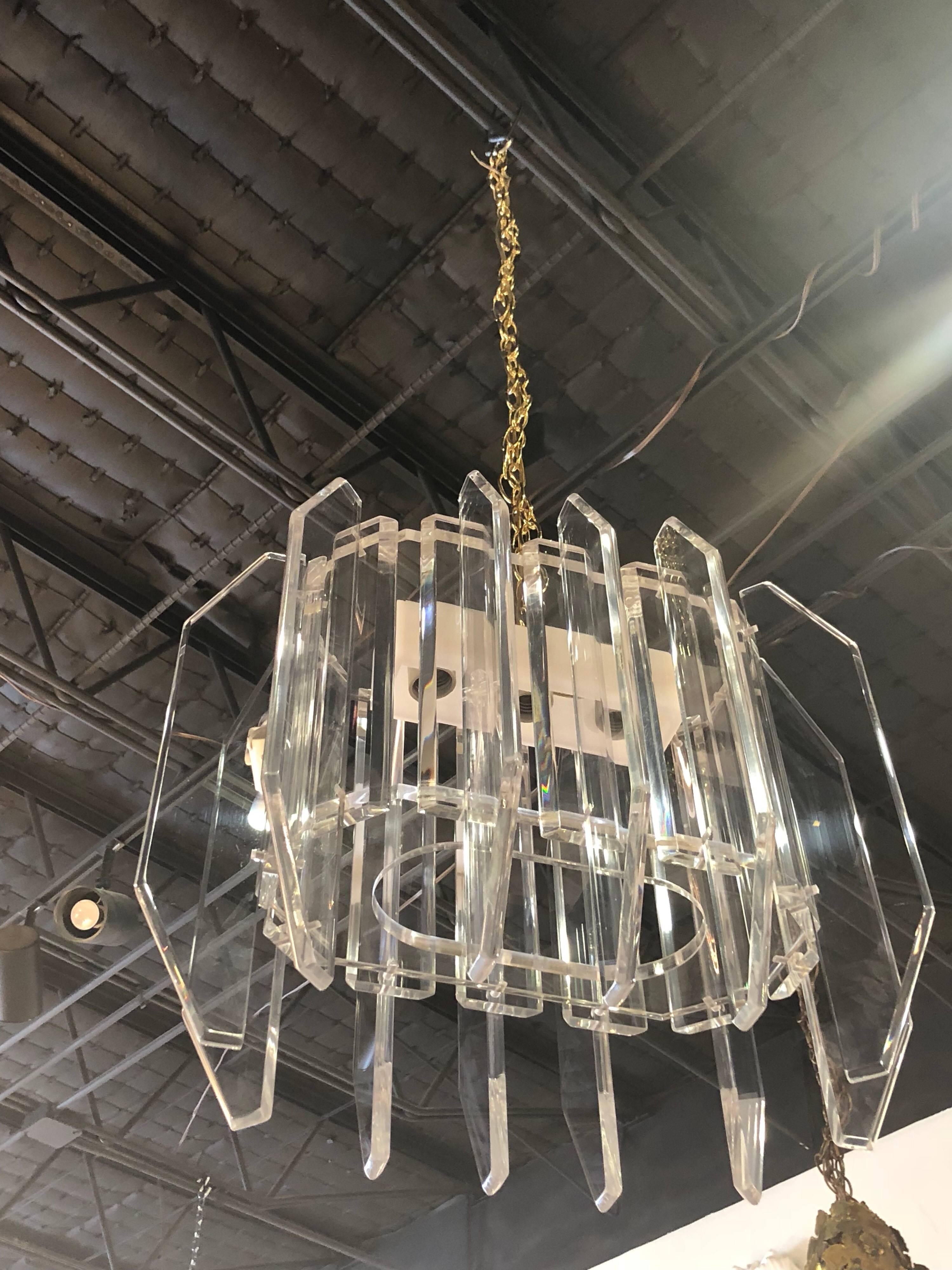 Late 20th Century Vintage Geometric Lucite Chandelier For Sale