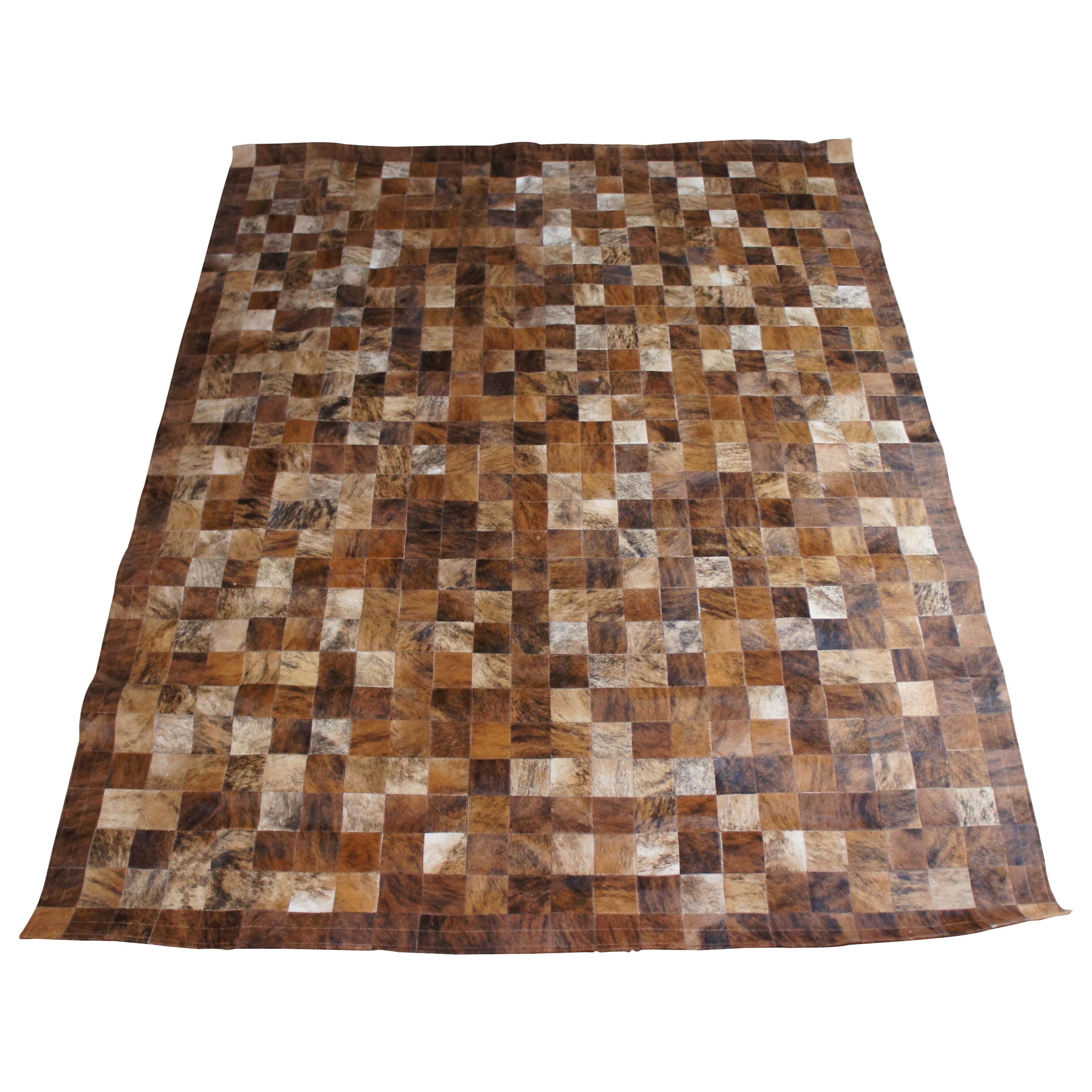Vintage Geometric Patchwork Cowhide Leather Rectangular Carpet Area Rug