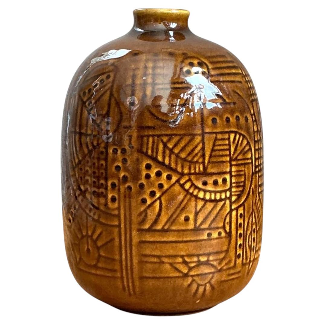 Vintage Geometric Patterned Ceramic Vase