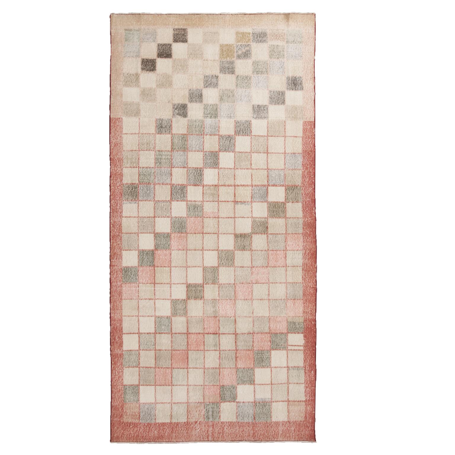 Hand-Knotted Vintage Geometric Pink and Green Wool Rug