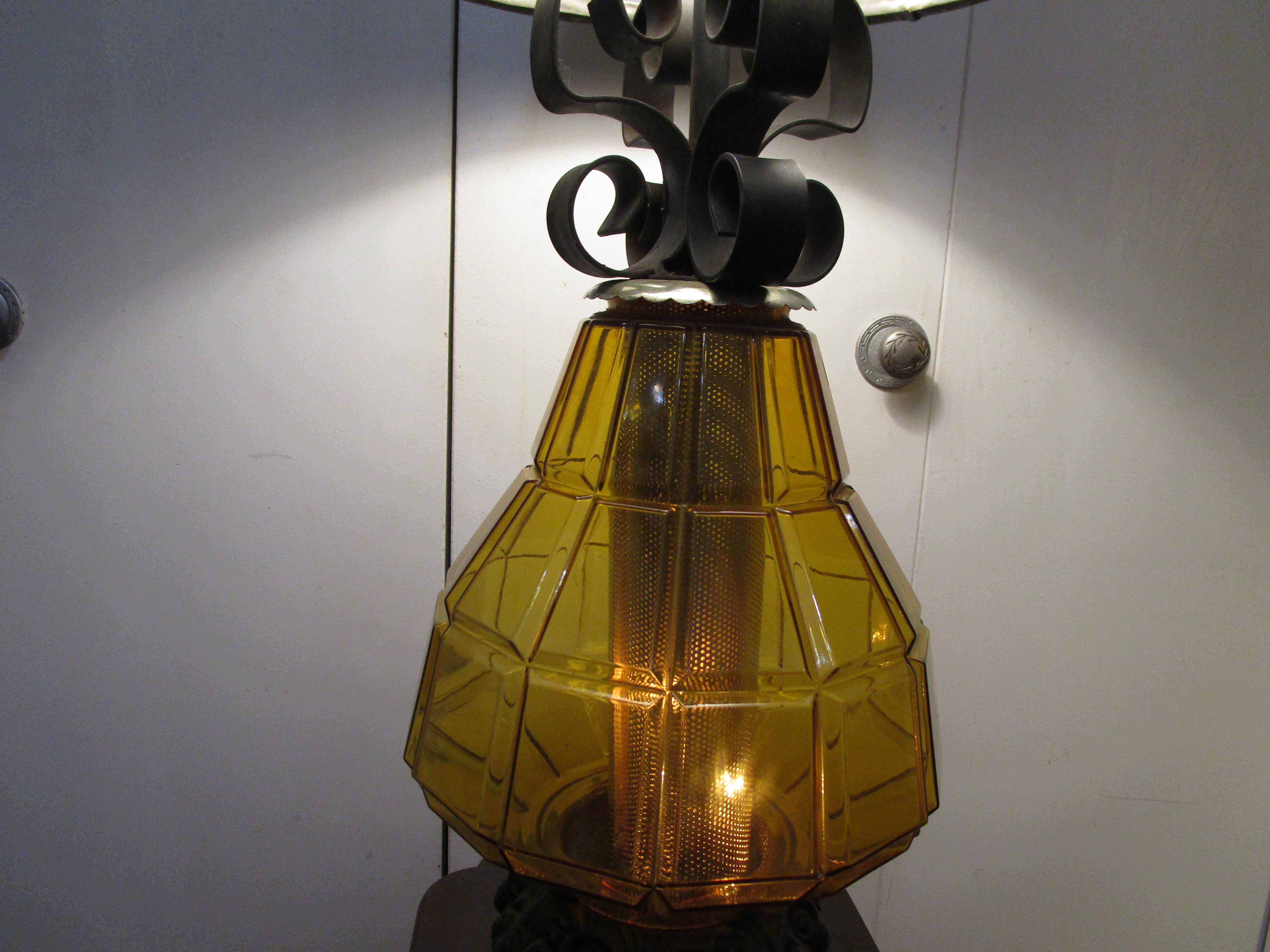 Iron Vintage Geometric Pressed Amber Glass Lamp with Incandescent Cylinder  For Sale