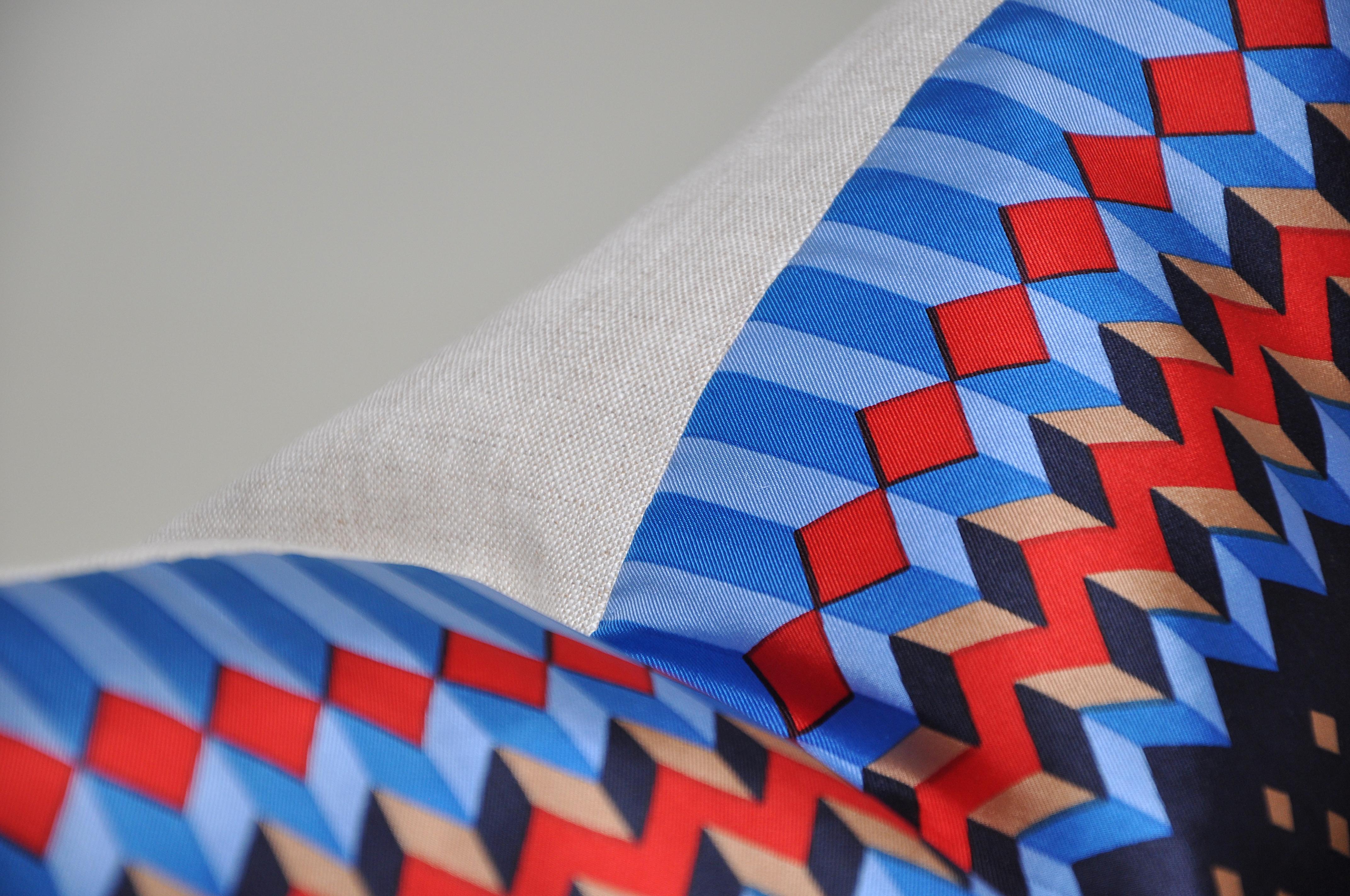 Mid-Century Modern Vintage Geometric Red Blue YSL Fabric Cushion with Irish Linen Pillow For Sale