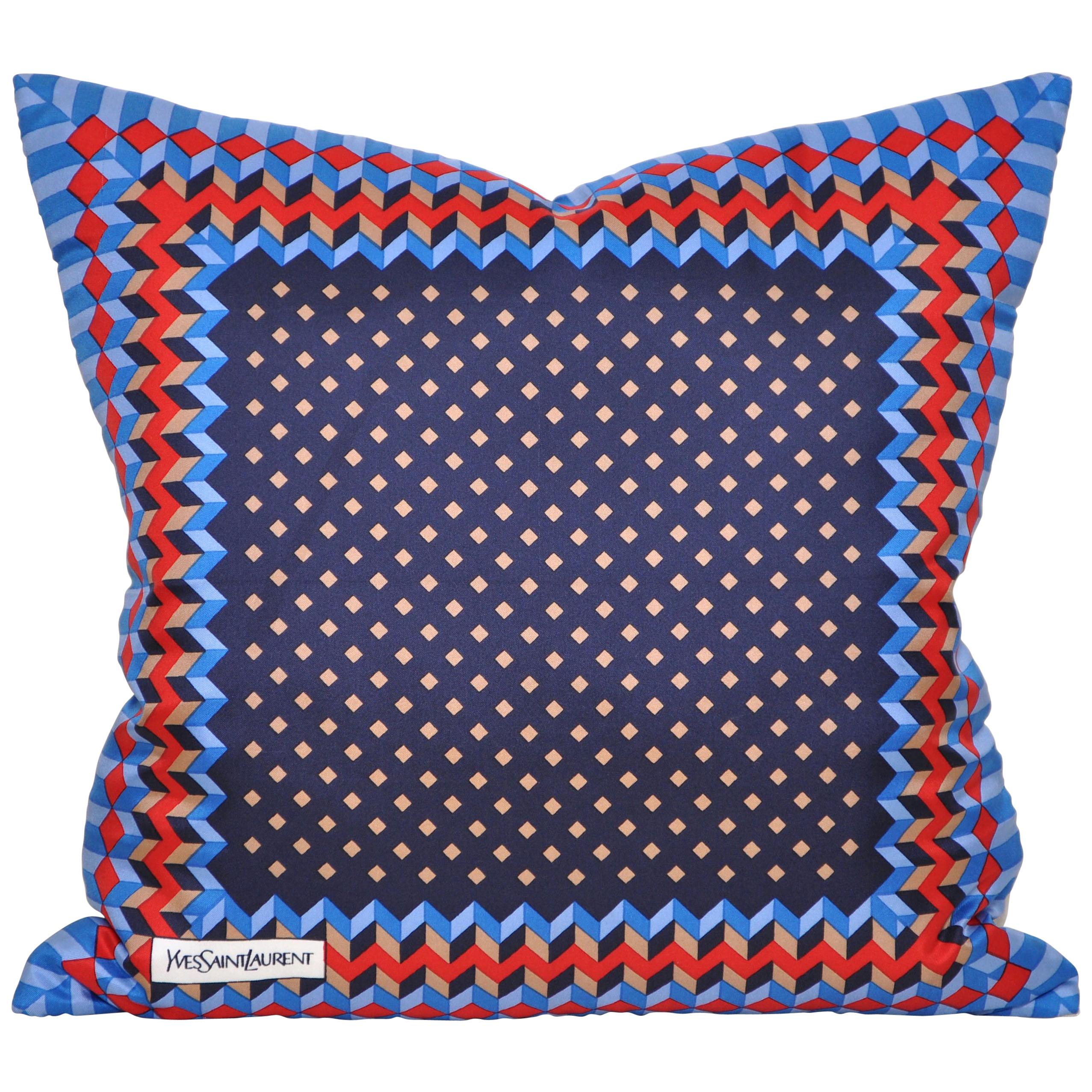 Vintage Geometric Red Blue YSL Fabric Cushion with Irish Linen Pillow For Sale