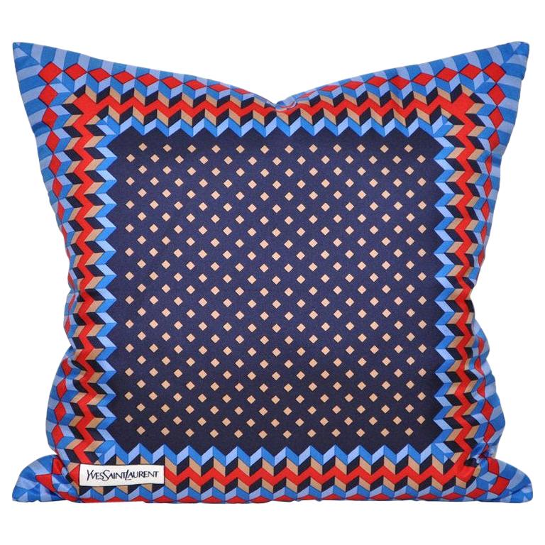 Vintage Geometric Red Blue YSL Fabric Cushion with Irish Linen Pillow