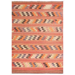 Vintage Geometric Salmon Pink Wool Kilim Rug