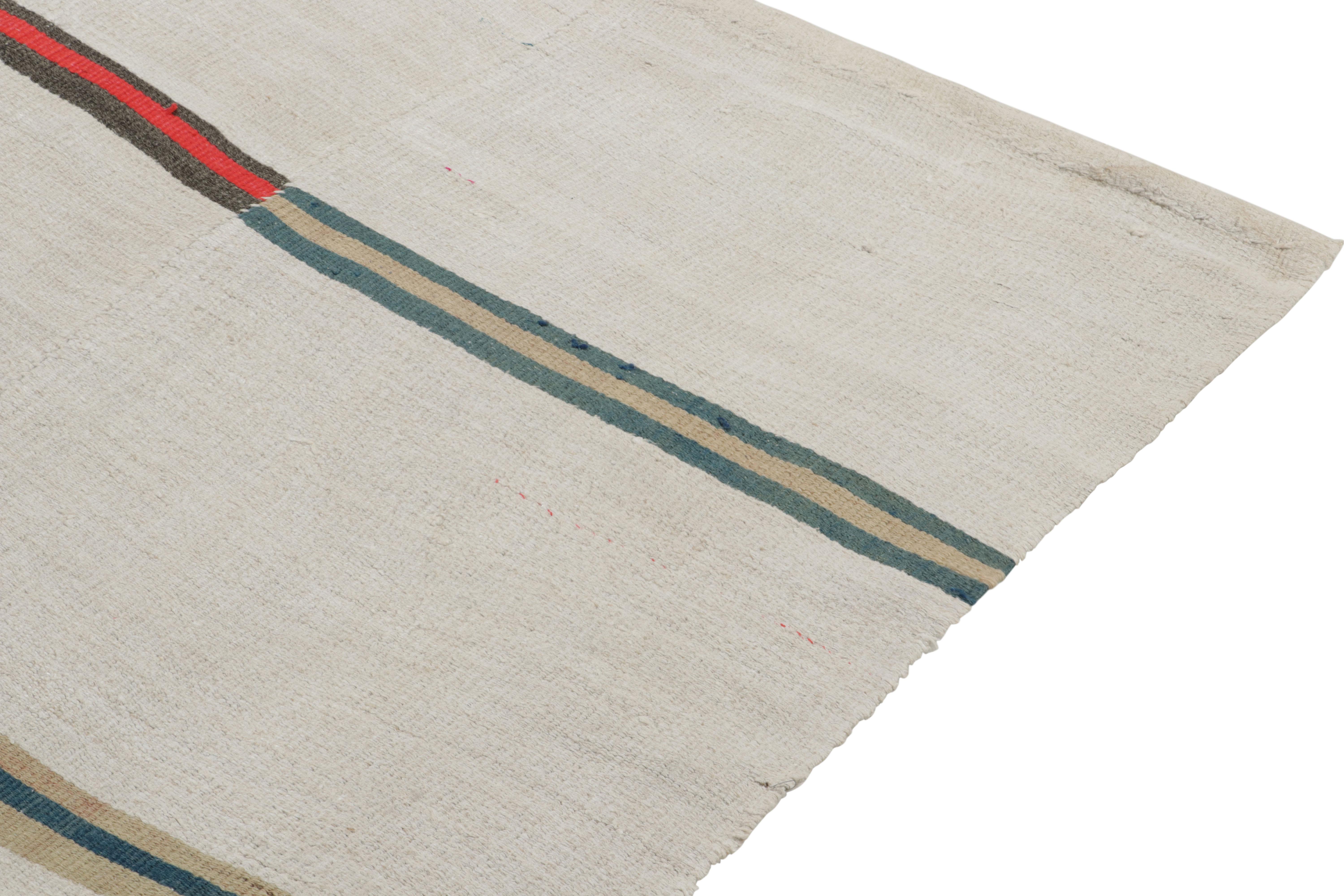 Turkish Vintage Kilim rug in Off-White, Red Stripe Patterns, Panel style by Rug & Kilim For Sale