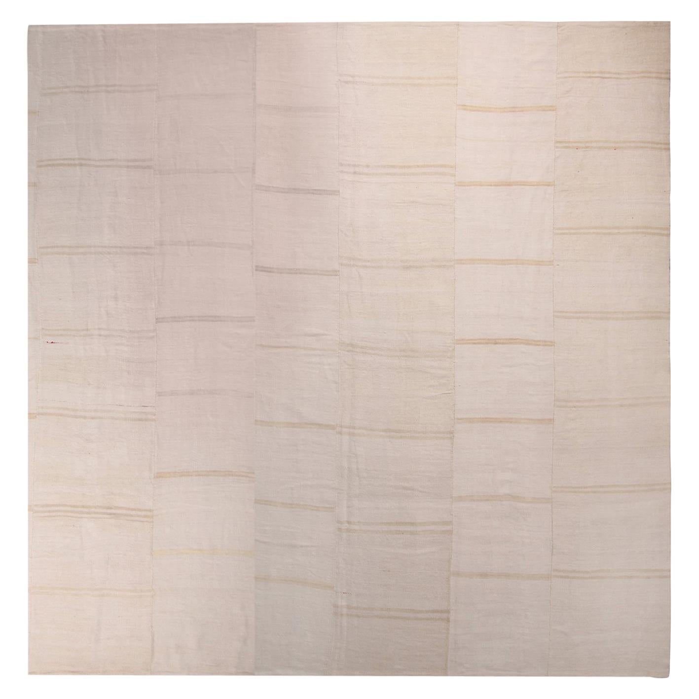 Vintage Geometric Striped Beige and Off-White Wool Kilim Rug by Rug & Kilim For Sale