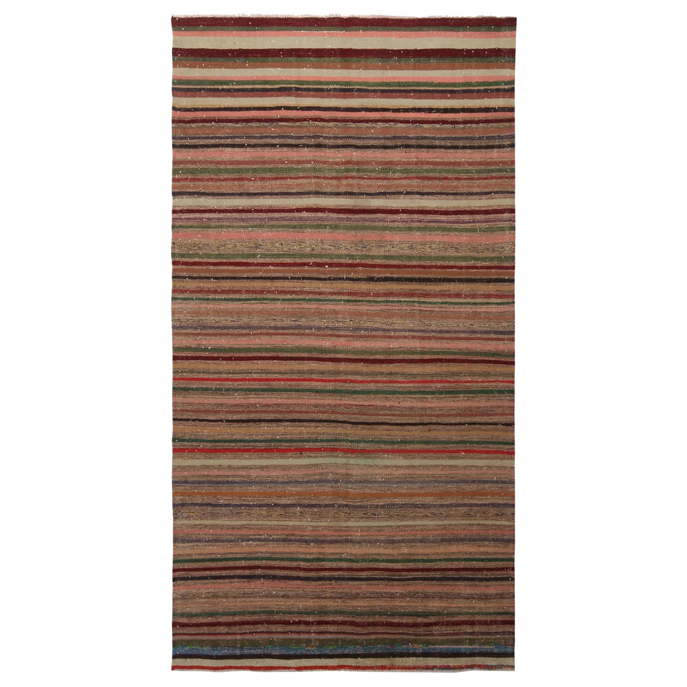 Vintage Striped Beige Brown and Multi-Color Wool Kilim Rug by Rug & Kilim For Sale