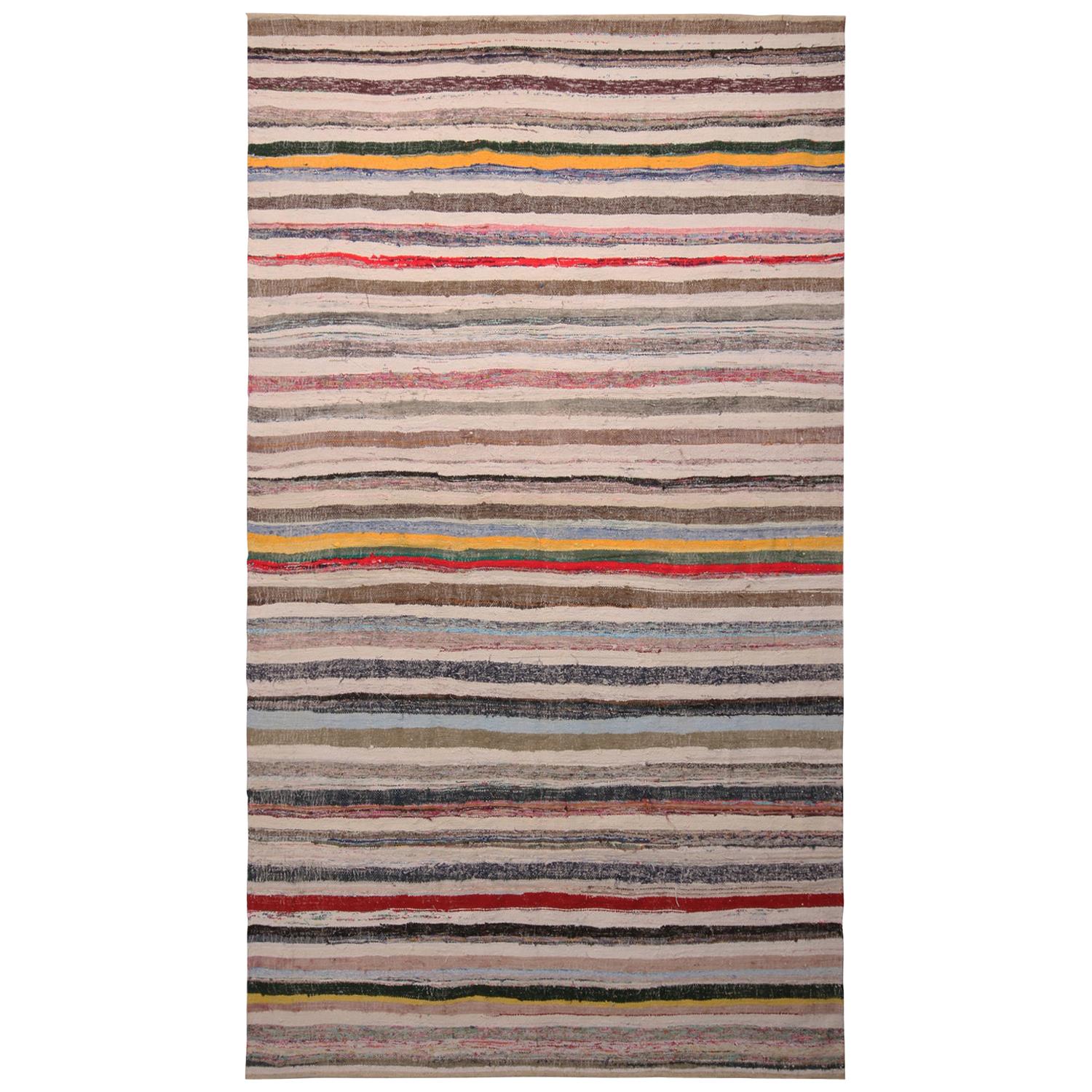 Vintage Striped Beige Brown and Multi-Color Wool Kilim Rug by Rug & kilim For Sale