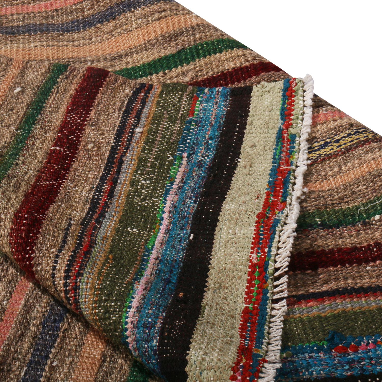 Turkish Vintage Striped Beige Brown and Multi-Color Wool Kilim Rug by Rug & Kilim For Sale