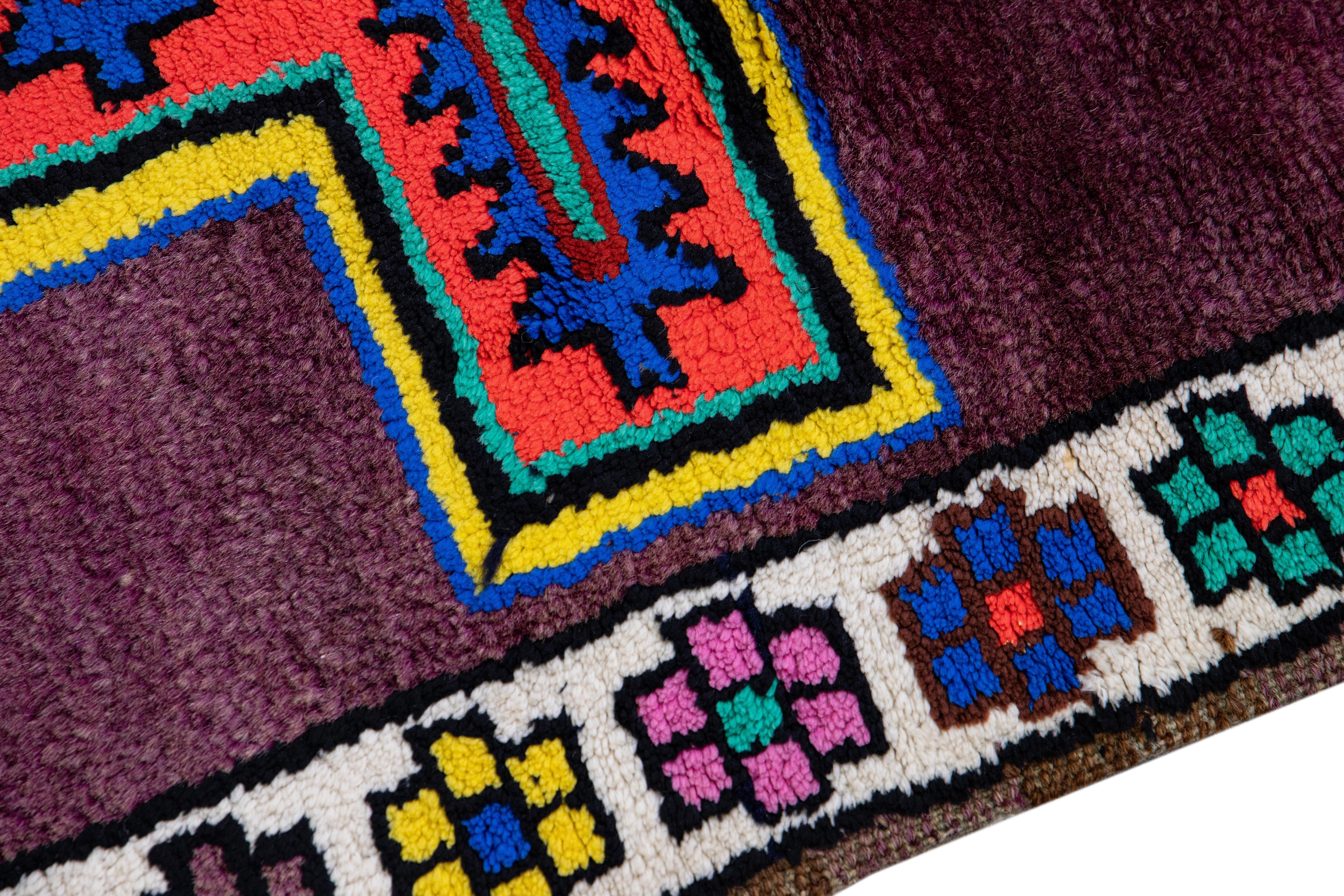 20th Century Vintage Geometric Turkish Handmade Purple Wool Runner For Sale