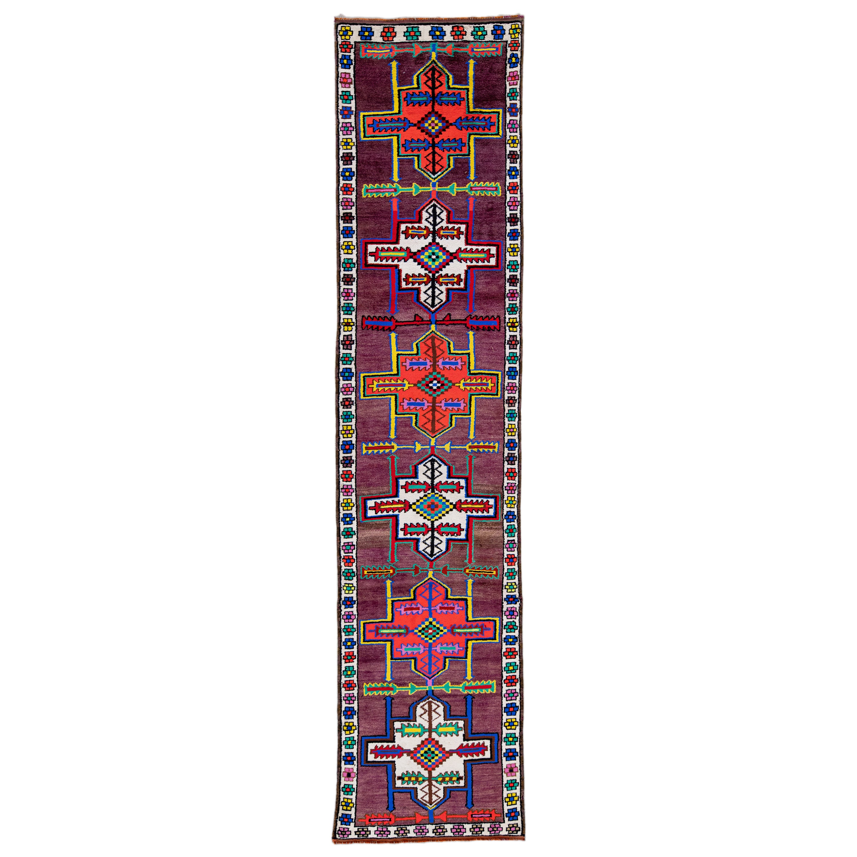 Alfombra Turca Geométrica Vintage de Lana Morada Hecha a Mano en venta